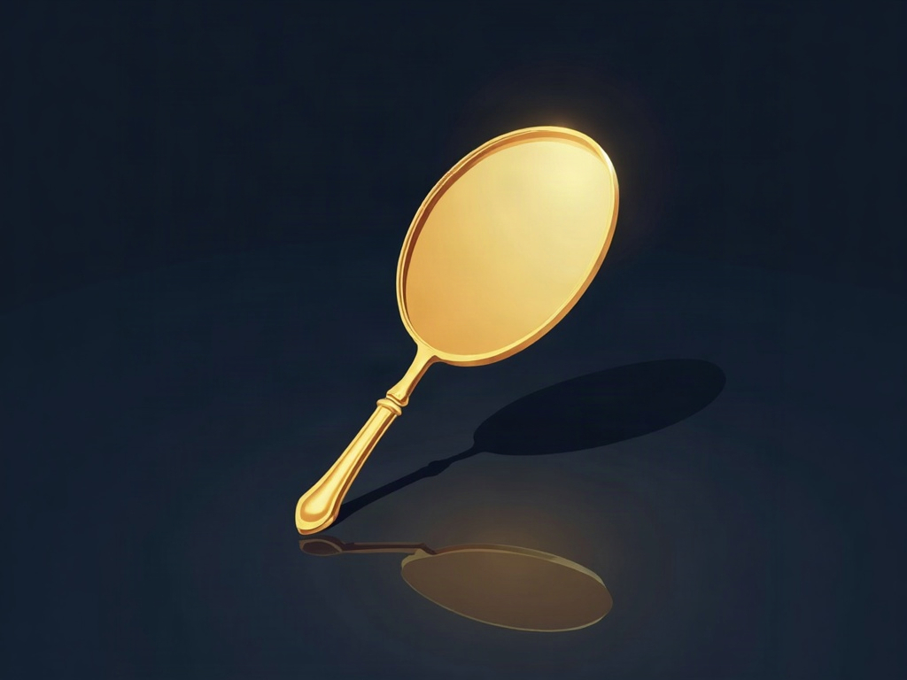 A gold mirror distorting a shape on navy, symbolizing parody reflecting and commenting on the original work