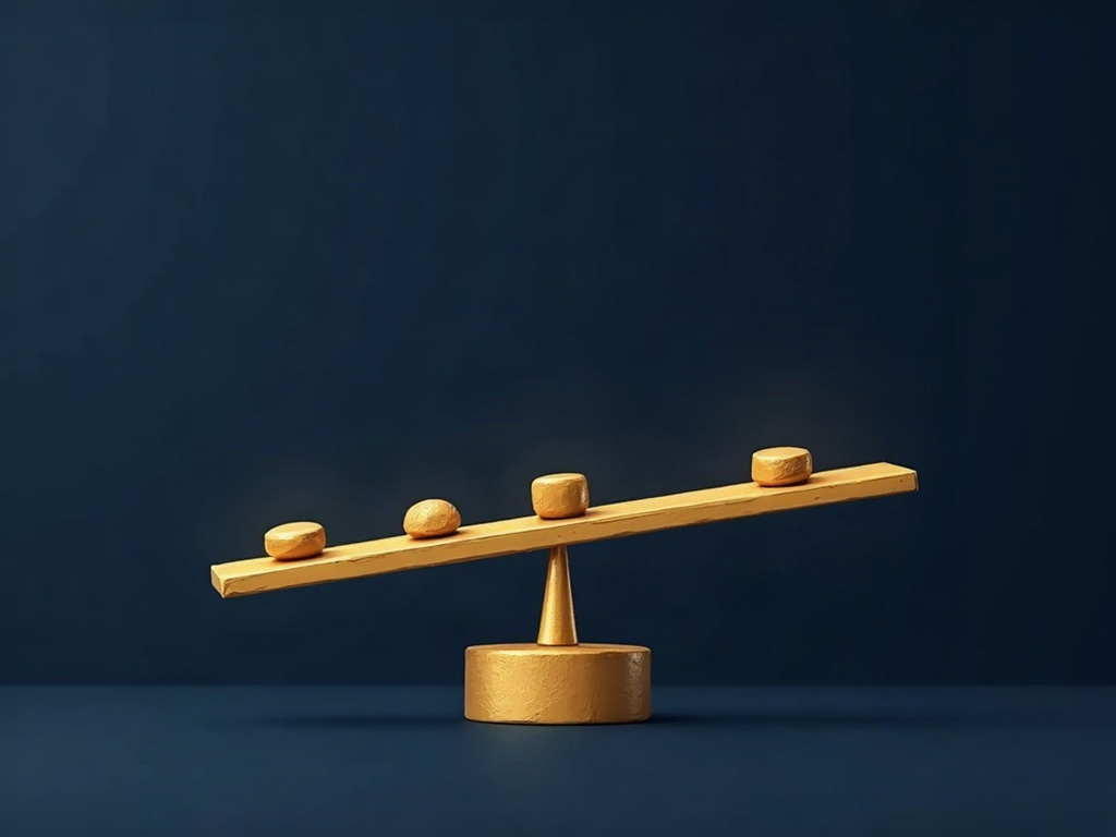 A gold balance holding four different-sized weights on navy, symbolizing the four fair-use factors weighed together