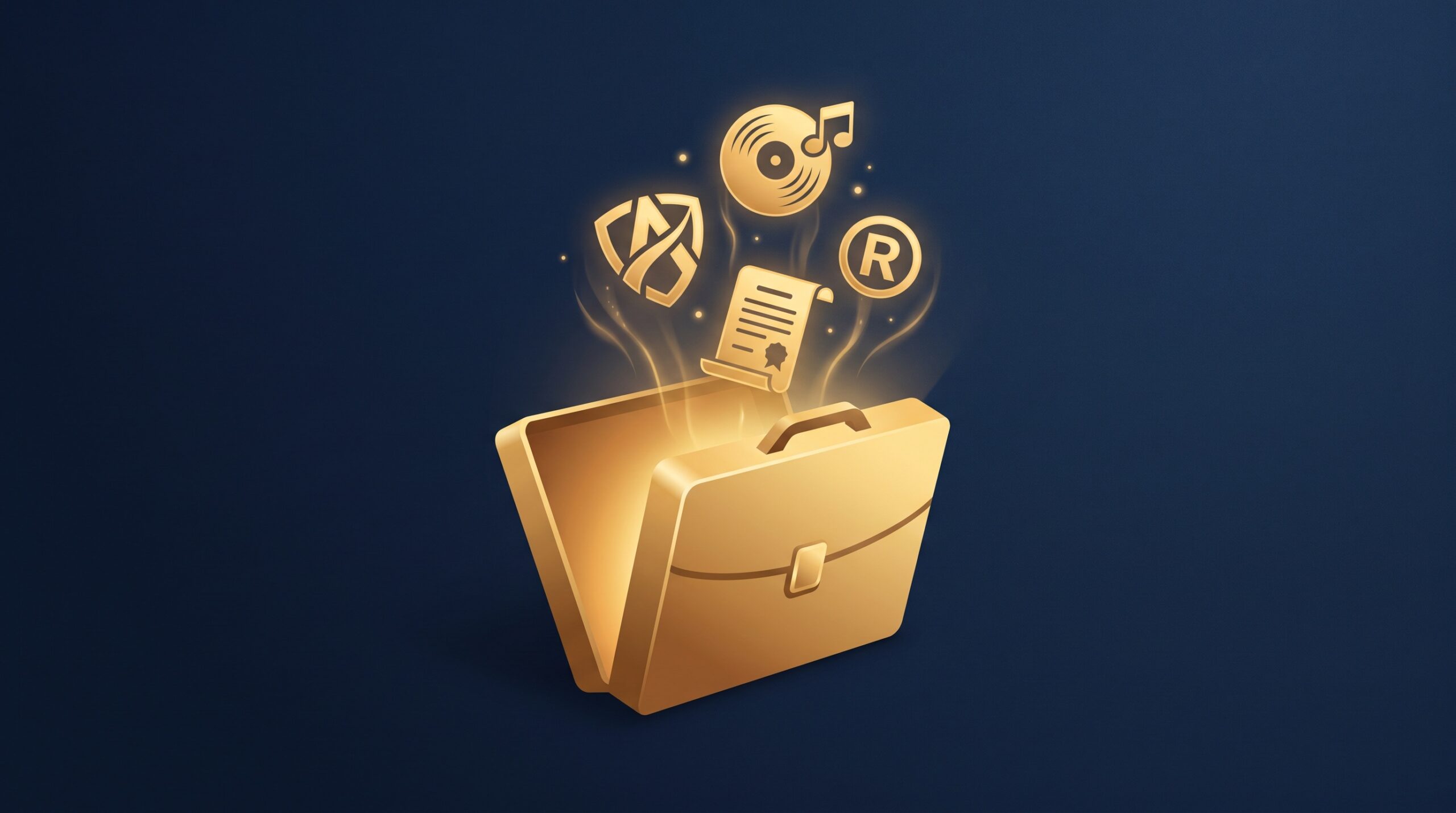A gold briefcase opening to release icons of a brand emblem, a record, a document and a registered mark, on navy, symbolizing a bundle of IP assets being sold