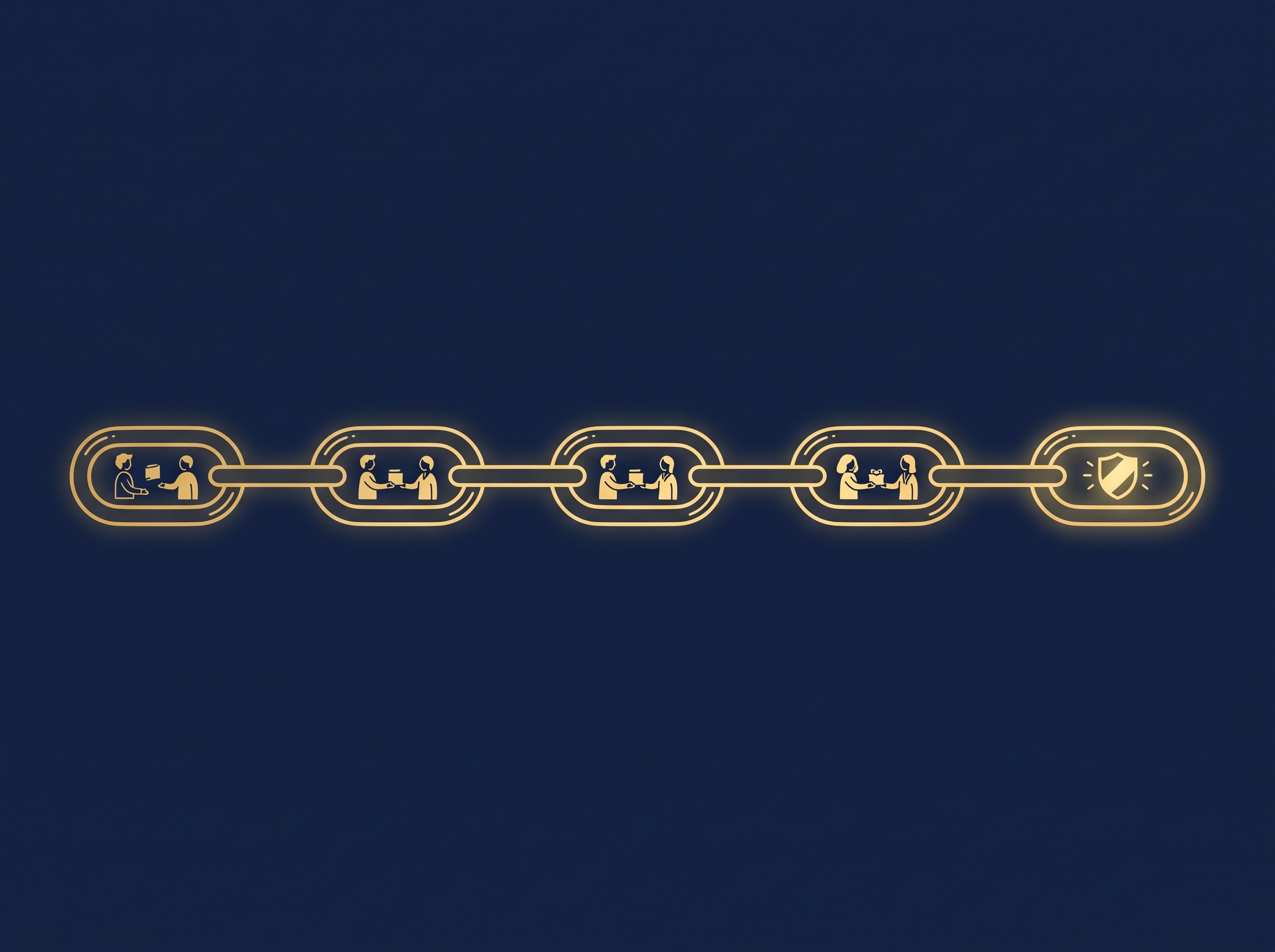 An unbroken gold chain of links each showing a handoff, ending at a brand emblem, on navy, symbolizing a clean chain of title from creator to owner