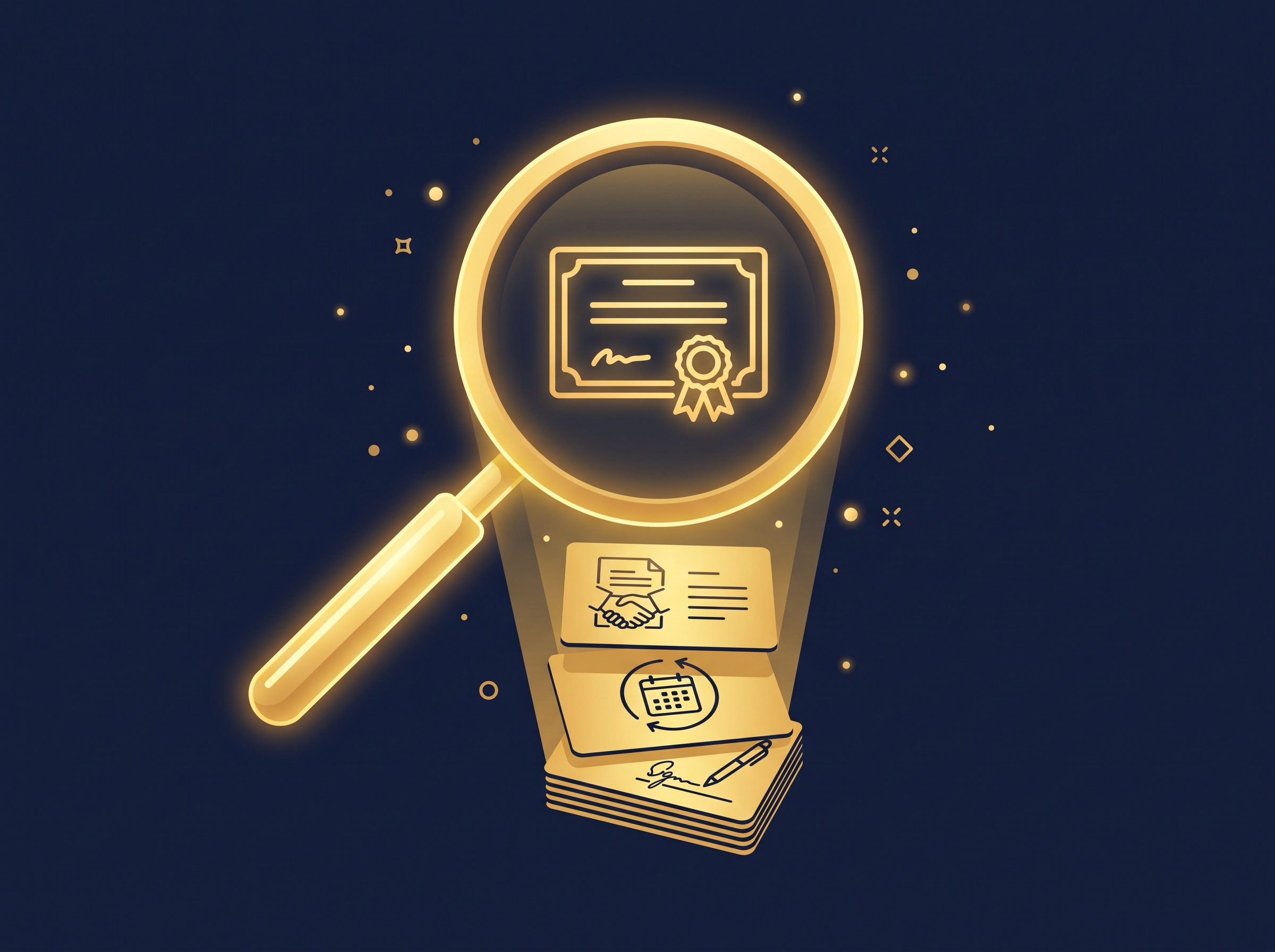 A gold magnifying glass over a stack of document cards showing a certificate, contract, calendar and signature, on navy, symbolizing buyer due diligence on IP