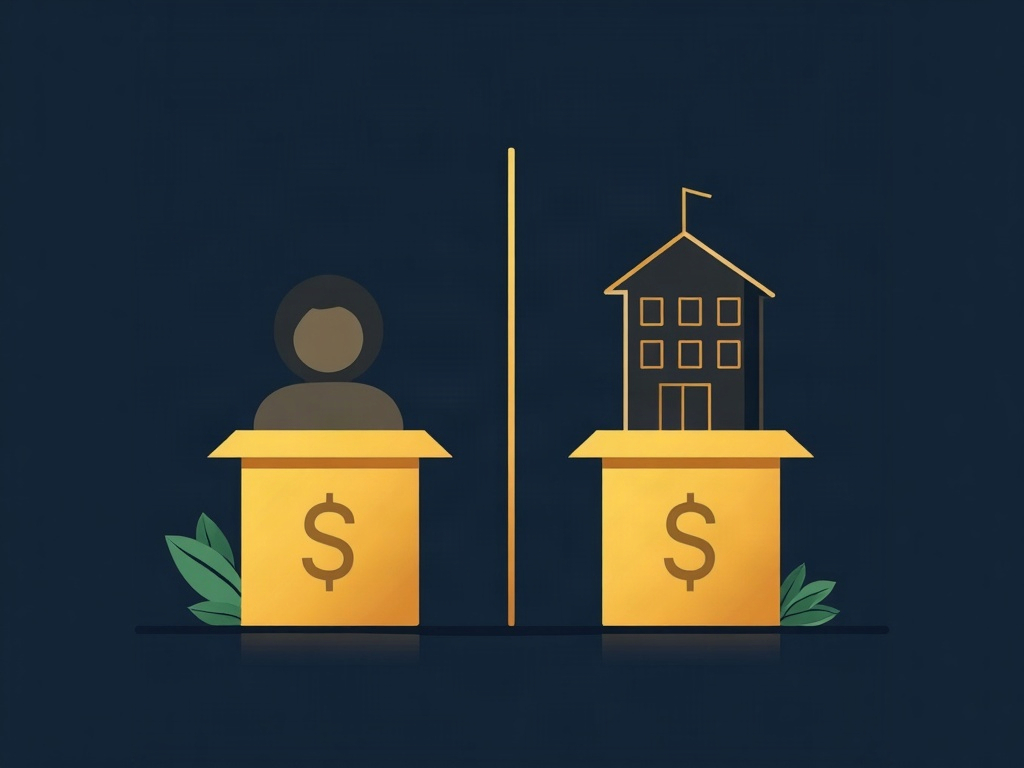 Two gold boxes divided by a wall on navy, one showing a person and one a building, symbolizing keeping personal and business money separate