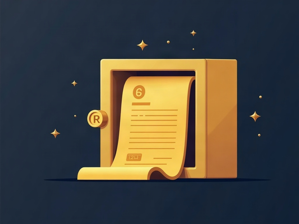 Gold IP documents with copyright and trademark symbols going into a vault on navy, symbolizing holding intellectual property inside a business entity