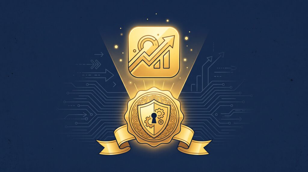 A glowing gold app icon rising from a gold patent ribbon and shield on navy, symbolizing the decision to patent an app