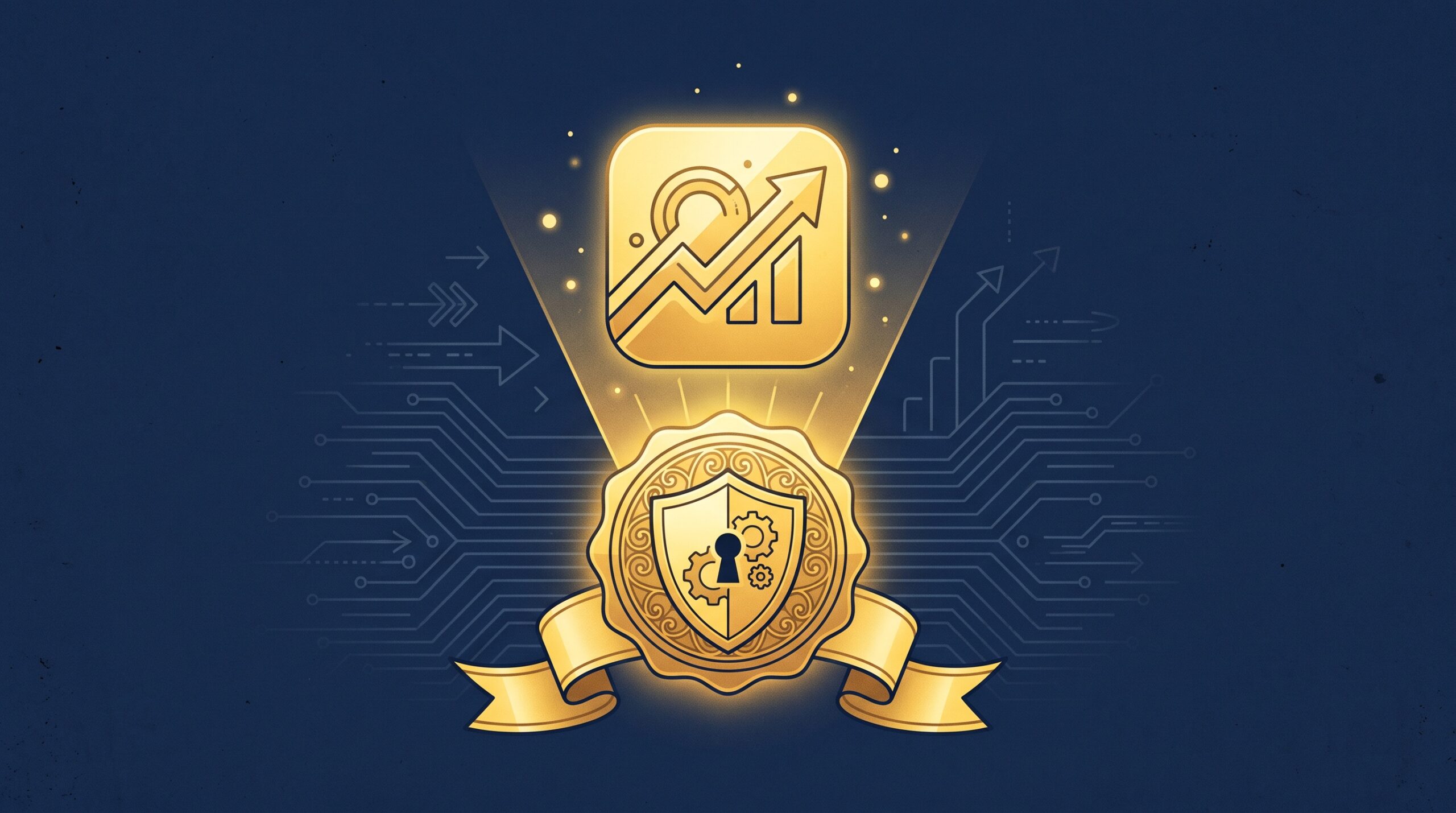 A glowing gold app icon rising from a gold patent ribbon and shield on navy, symbolizing the decision to patent an app
