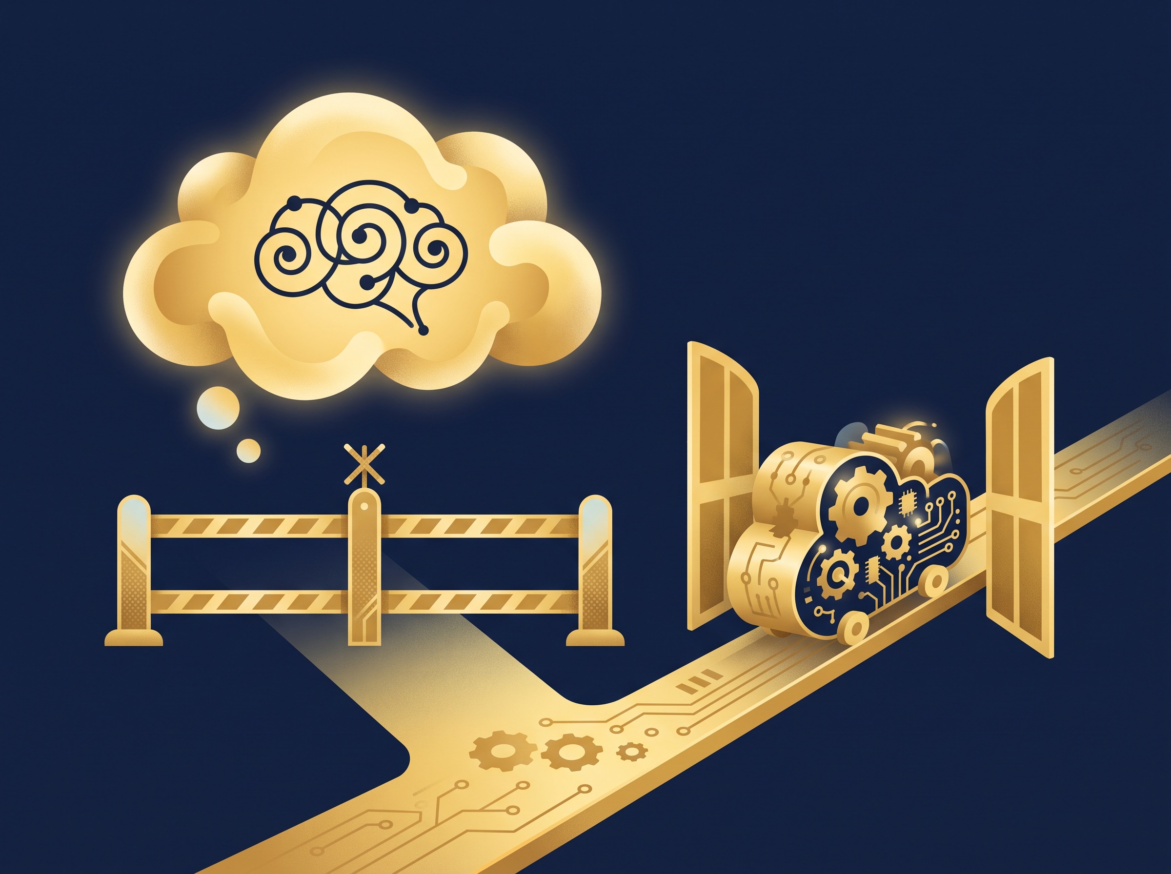A gold abstract idea cloud blocked at a gate while a concrete gold gear mechanism passes through, on navy, symbolizing that abstract ideas are not patentable but technical inventions can be