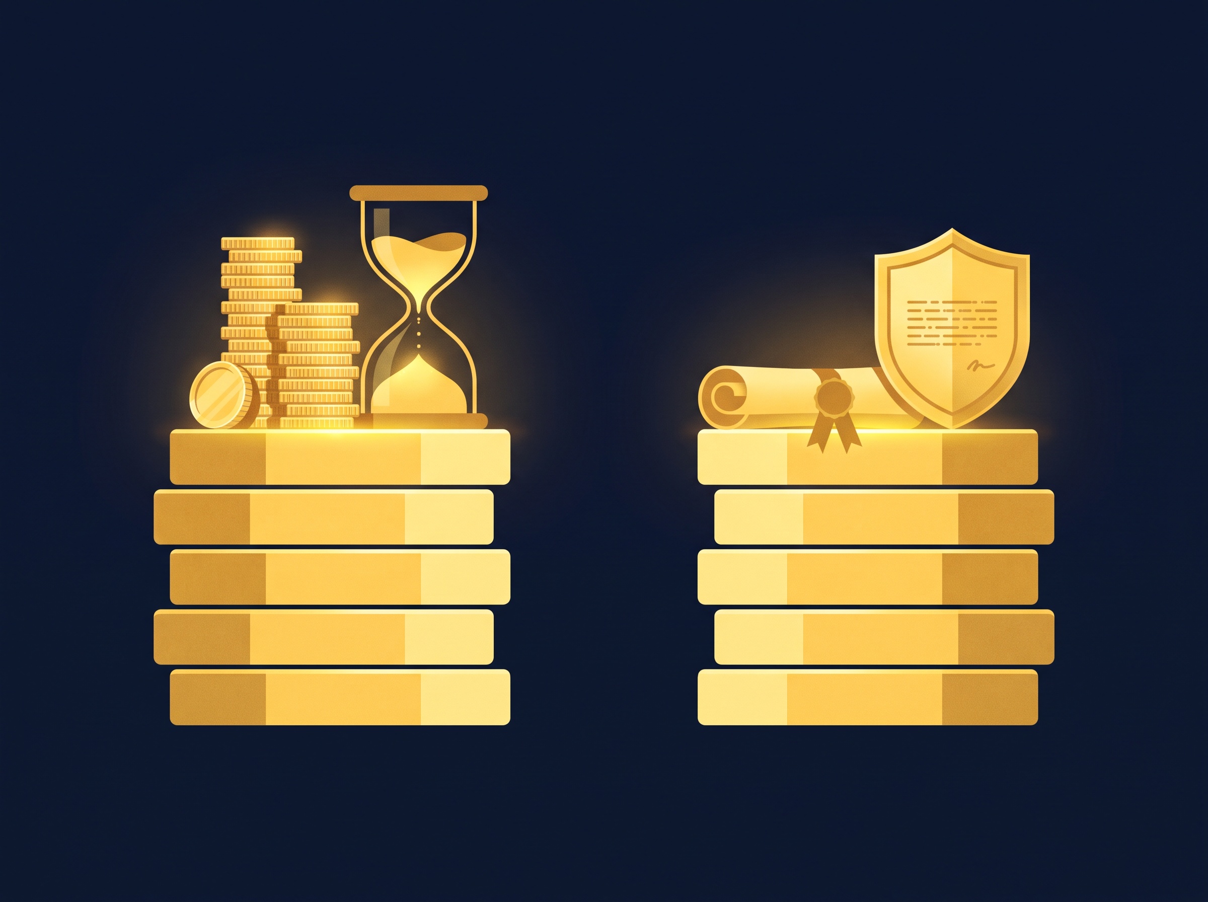 Two gold platforms, one with a stack of coins and an hourglass, the other with a patent certificate and shield, on navy, symbolizing weighing patent cost and time against its benefit