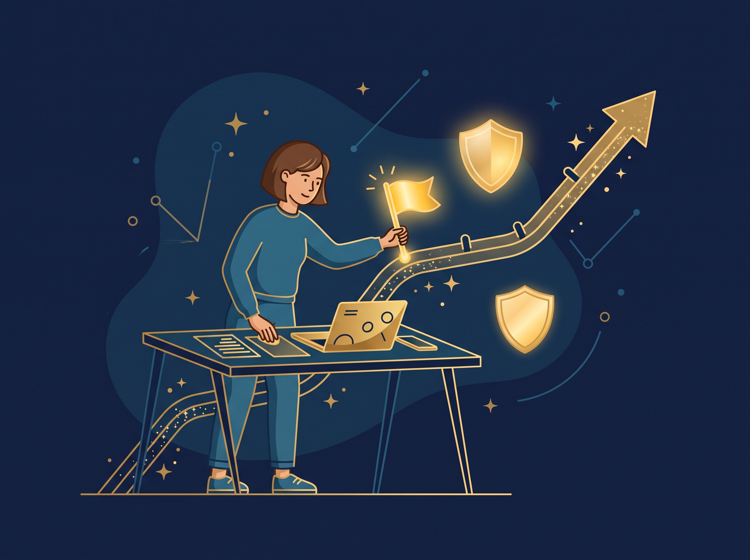 A gold solo developer planting a flag on a rising gold timeline arrow with a shield nearby, on navy, symbolizing filing a provisional patent to secure an early priority date