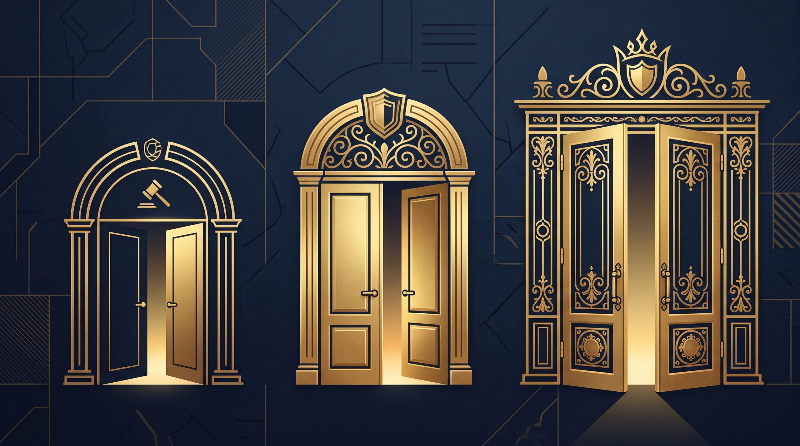 Three gold doorways of increasing size on navy, symbolizing three tiers of options for pursuing copyright infringement