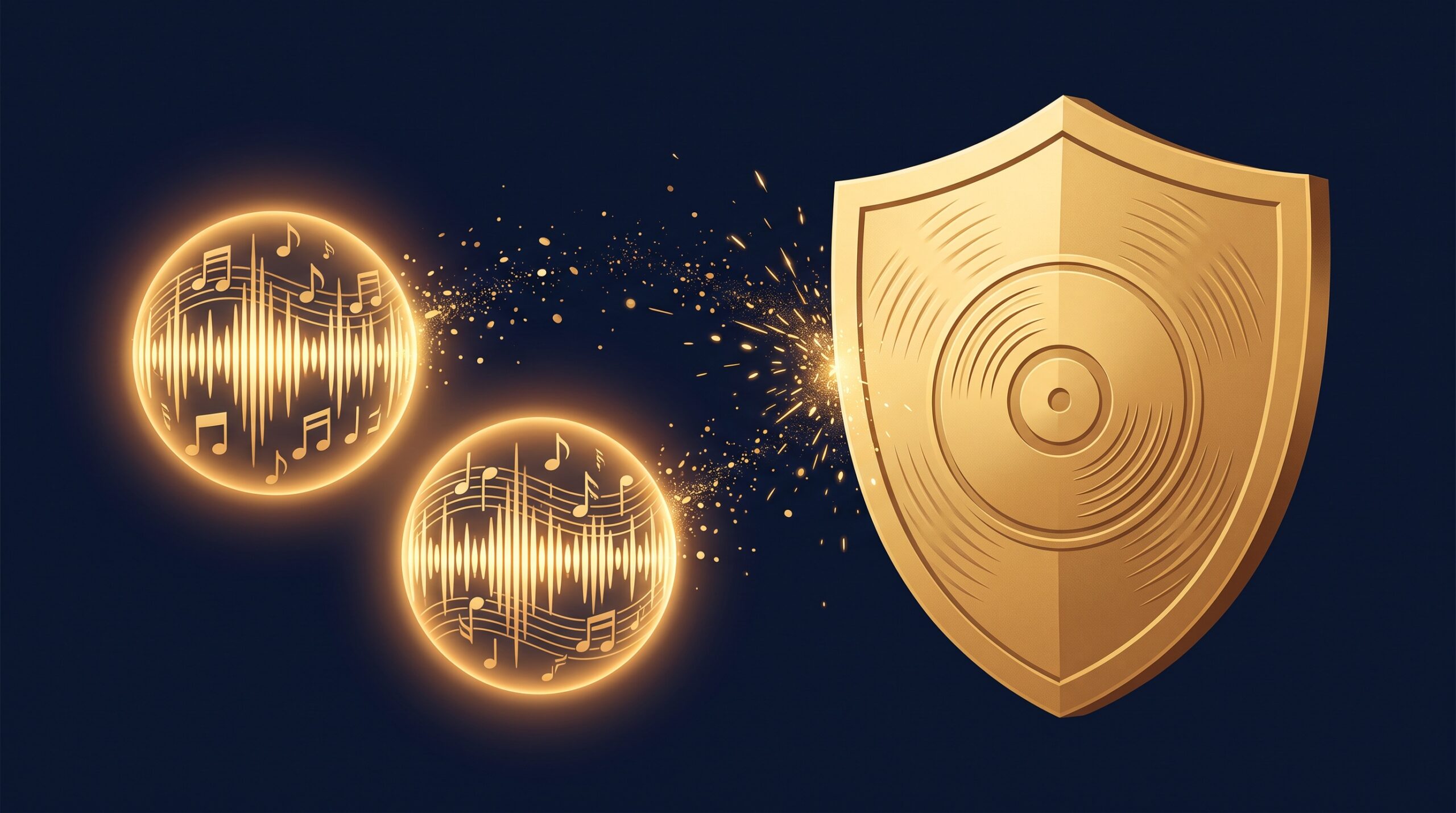 Two gold soundwave-and-music-note orbs facing a large gold shield with a vinyl-record emblem, sparks between them, on navy, symbolizing AI music apps versus the record labels