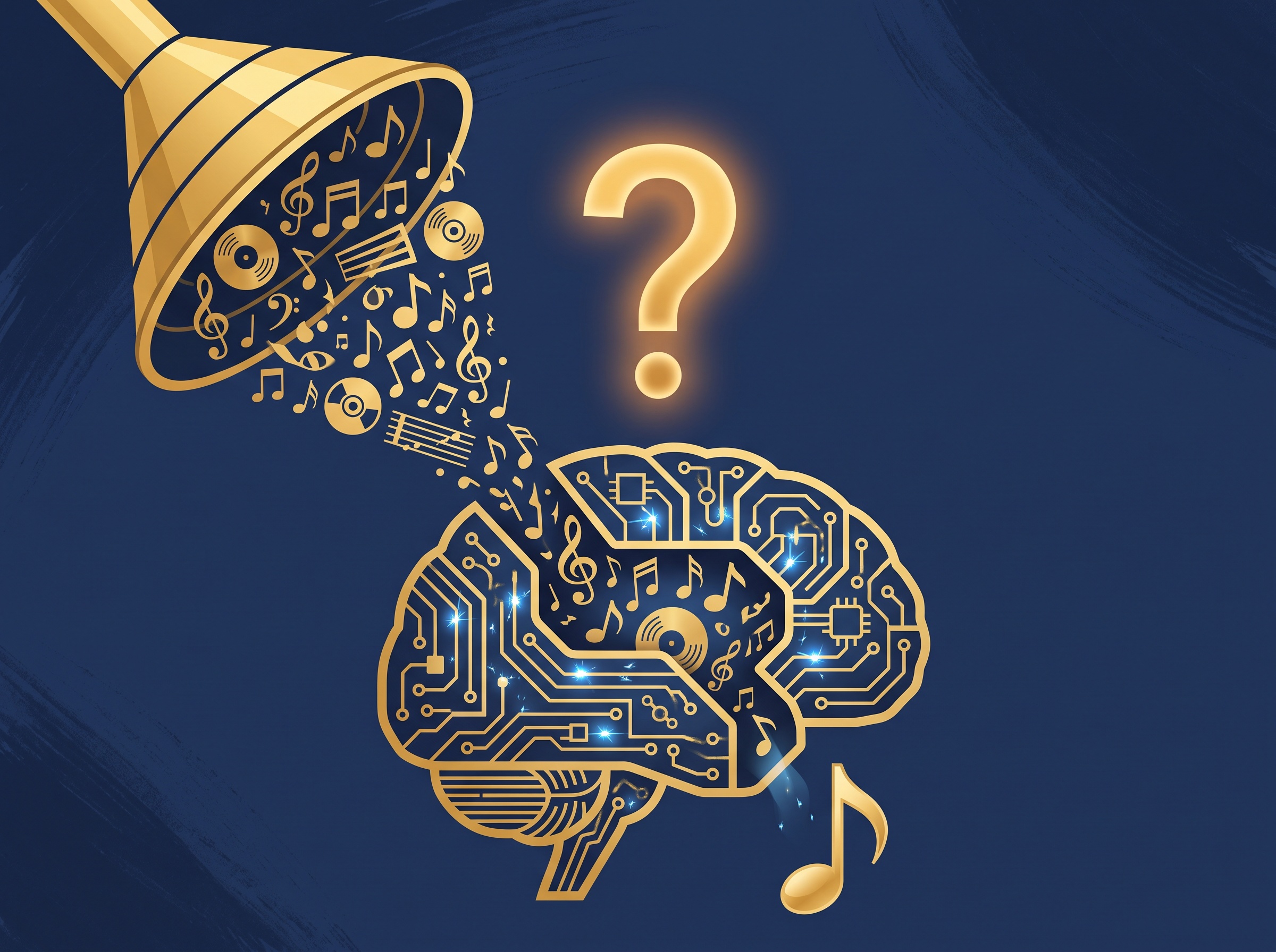 A gold funnel pouring music notes and albums into a circuit-brain that outputs one new note, with a question mark above, on navy, symbolizing the fair-use question in AI music training