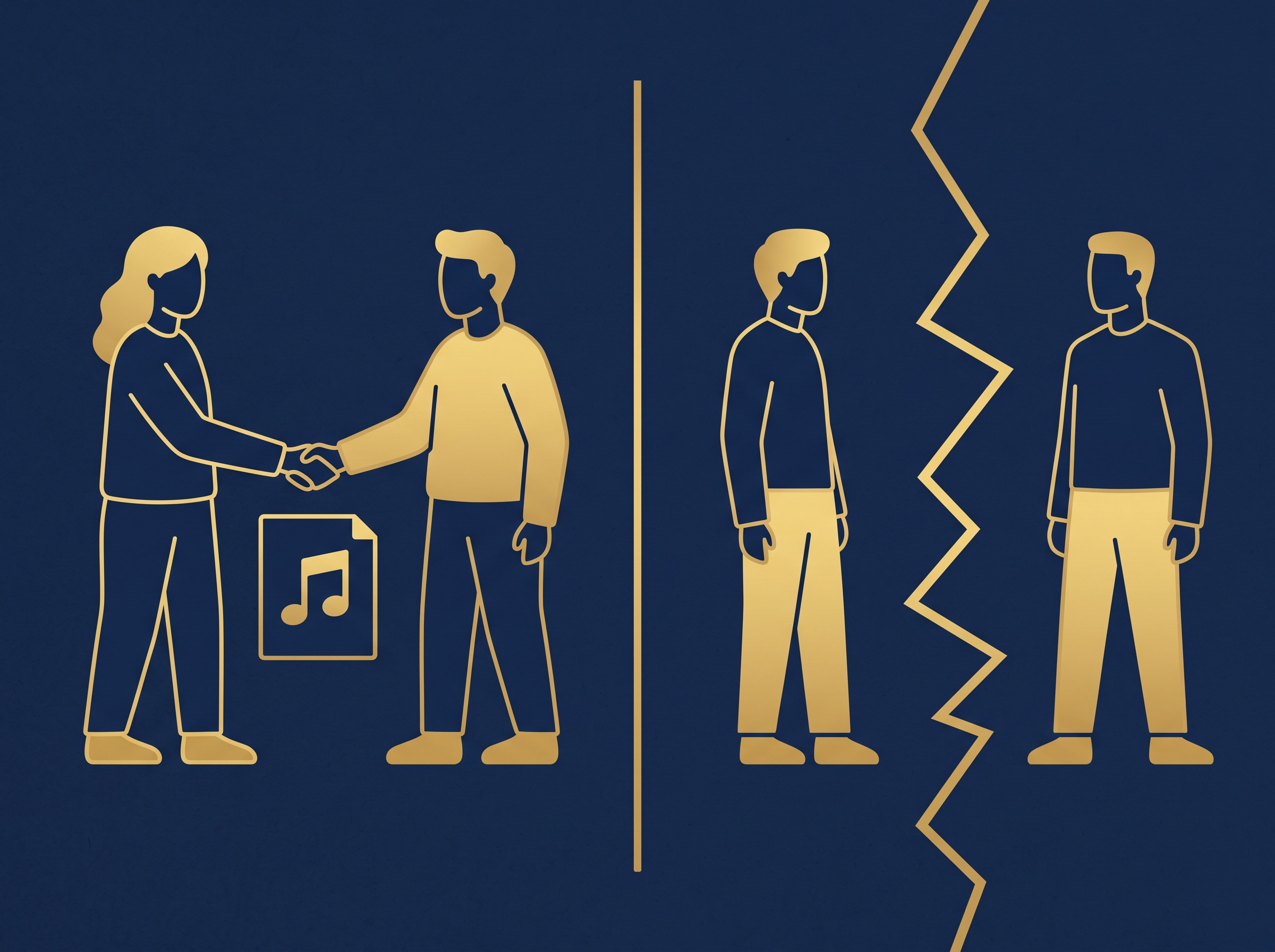 A split scene: gold figures shaking hands over a music contract on the left, gold figures in a standoff on the right, on navy, symbolizing settlements versus ongoing AI music litigation