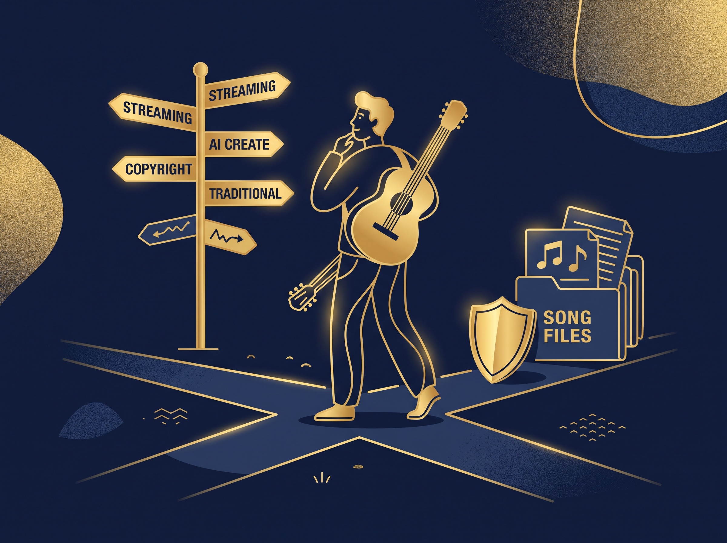 A gold musician with a guitar at a crossroads signpost, a small shield guarding their song files, on navy, symbolizing a creator navigating AI music tools and protecting their work