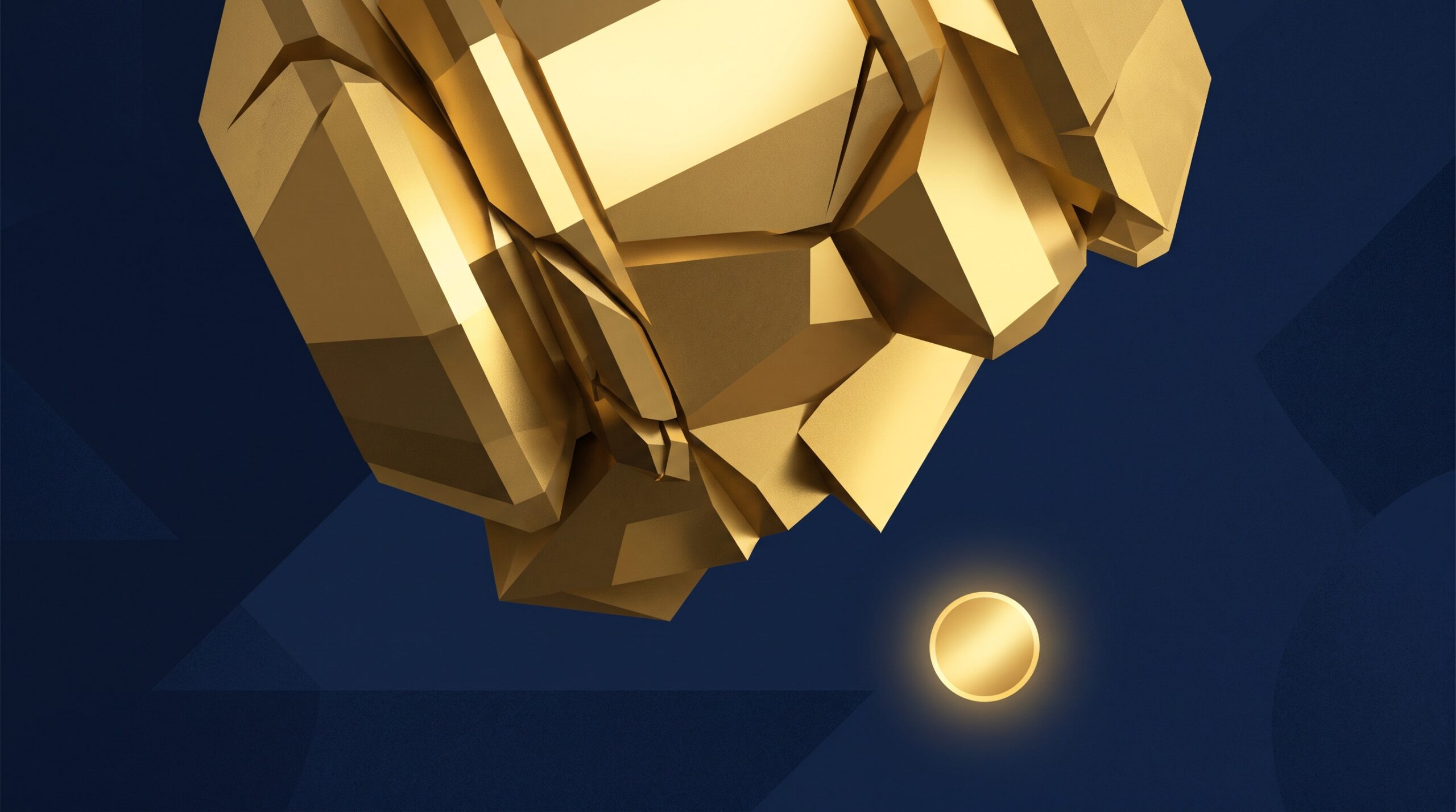 A huge gold shape looming over a small glowing gold circle on a deep navy background, symbolizing a big brand pressuring a small creator