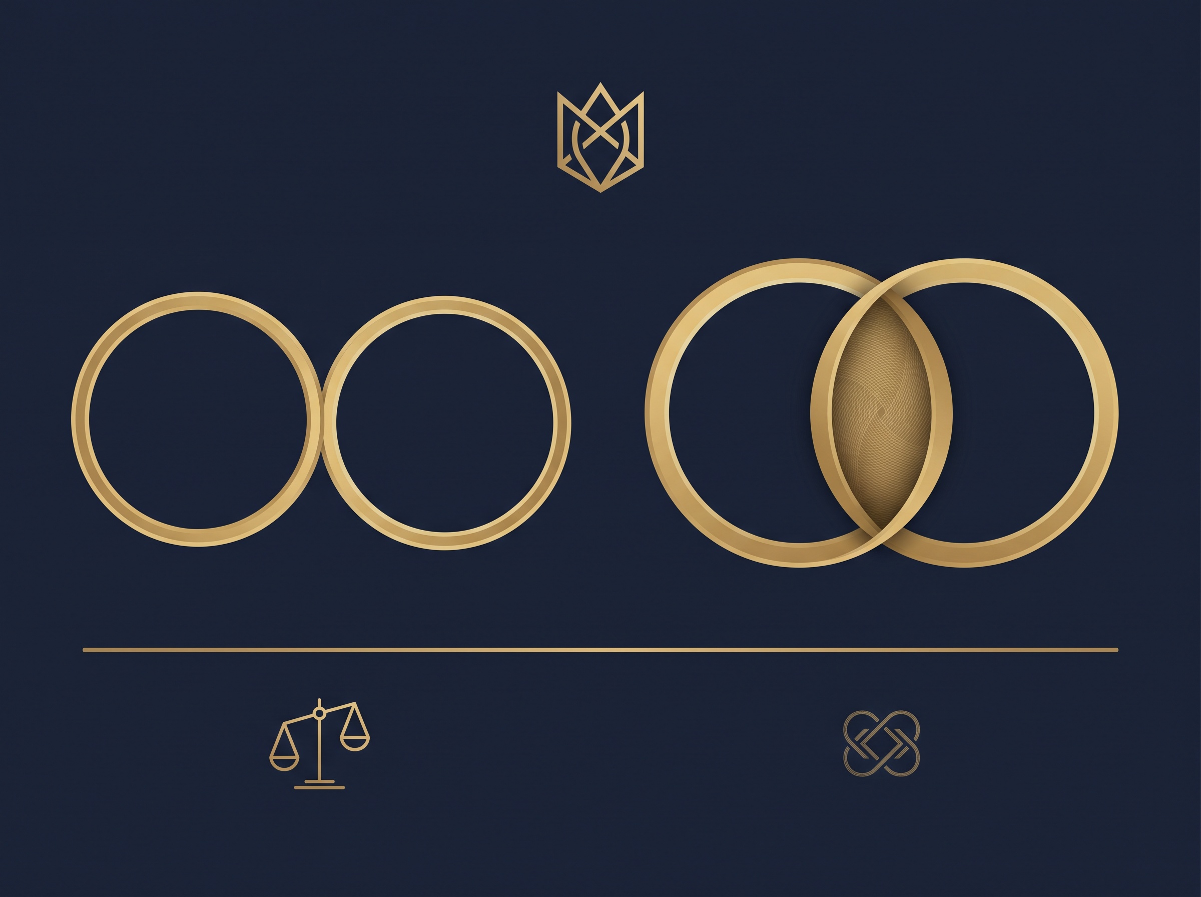 Two pairs of gold circles on navy, one pair barely overlapping and one heavily overlapping, symbolizing weak versus strong trademark confusion