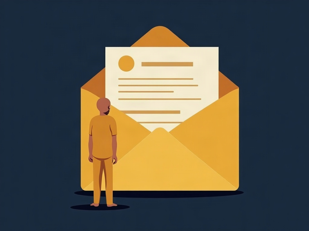 A small gold figure standing calmly in front of a large gold demand letter on a navy background