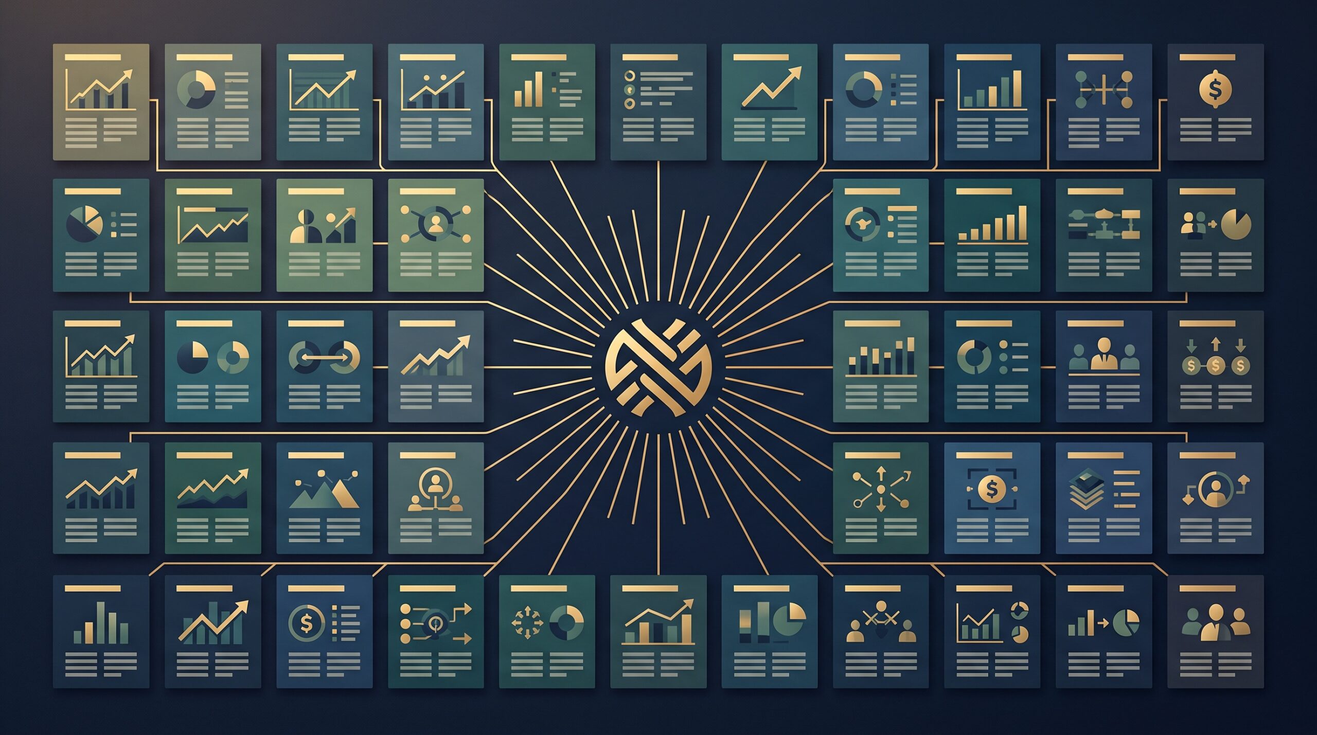 A gold brand mark connected by lines to a grid of category boxes on a deep navy background