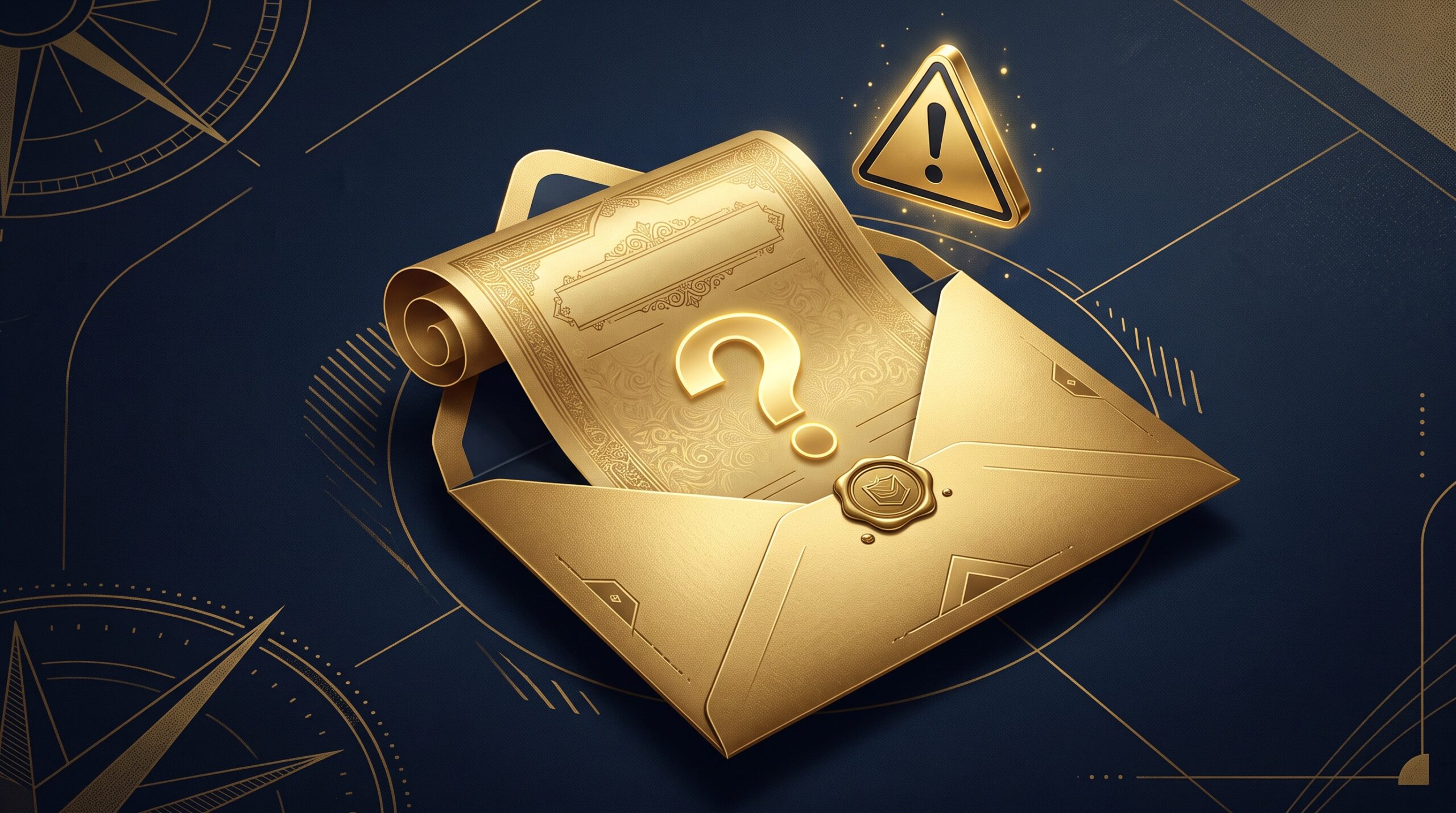 A gold official envelope opening to reveal a document with a question mark, on a deep navy background
