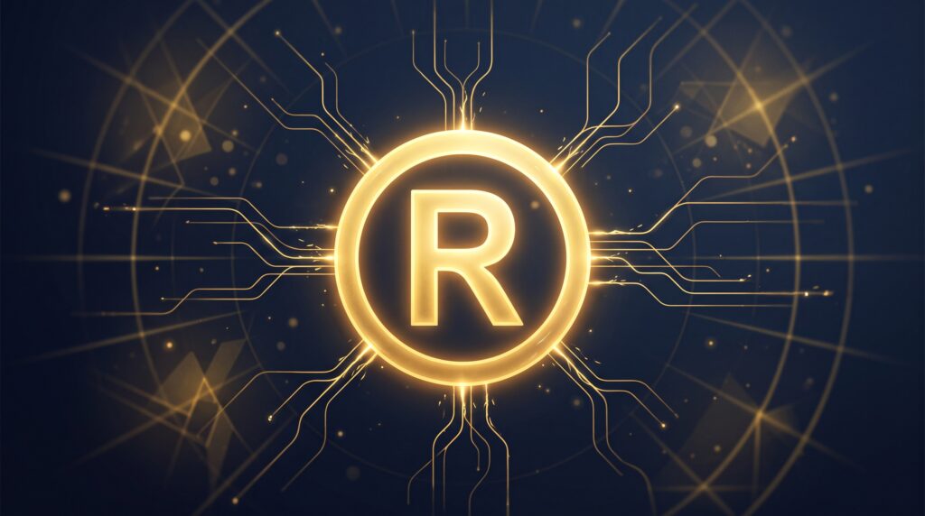 A glowing gold registered-trademark symbol kept alight by feeding lines of gold energy, on a deep navy background