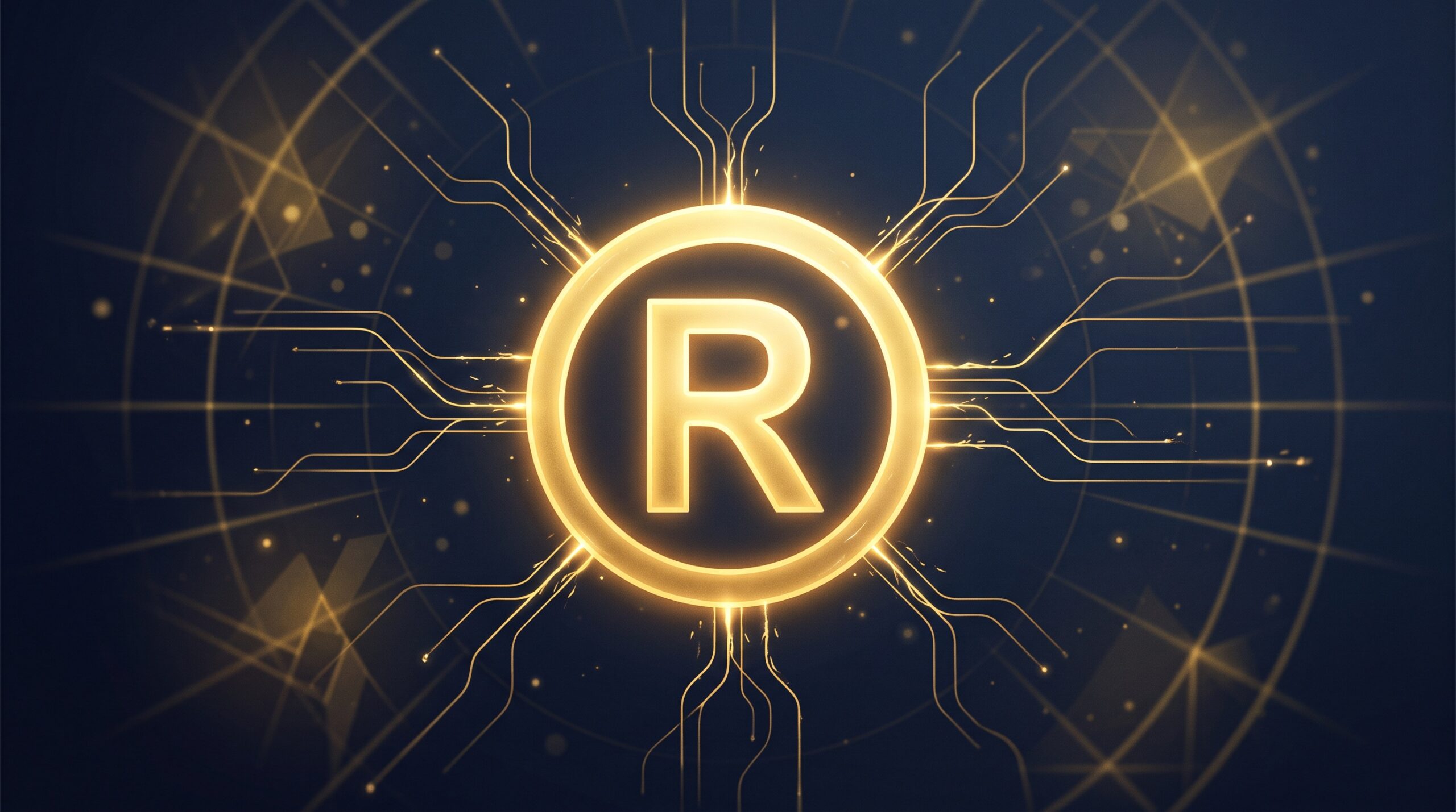 A glowing gold registered-trademark symbol kept alight by feeding lines of gold energy, on a deep navy background