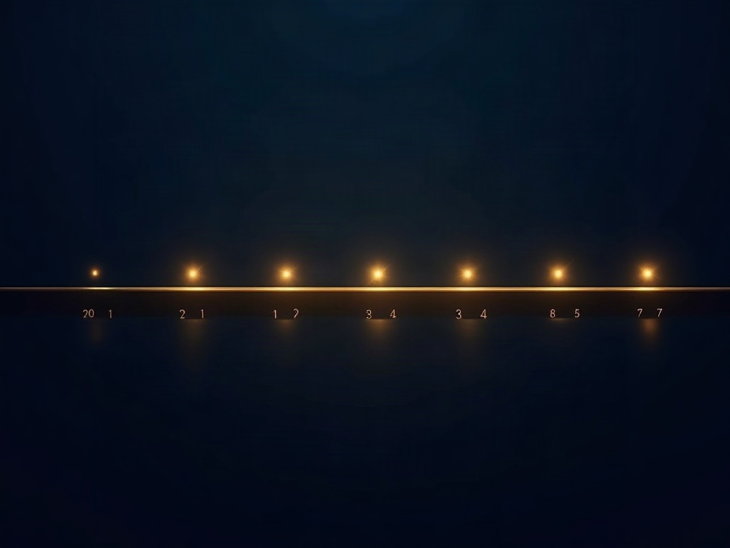 A gold horizontal timeline with several glowing milestone markers spaced along it, on a navy background