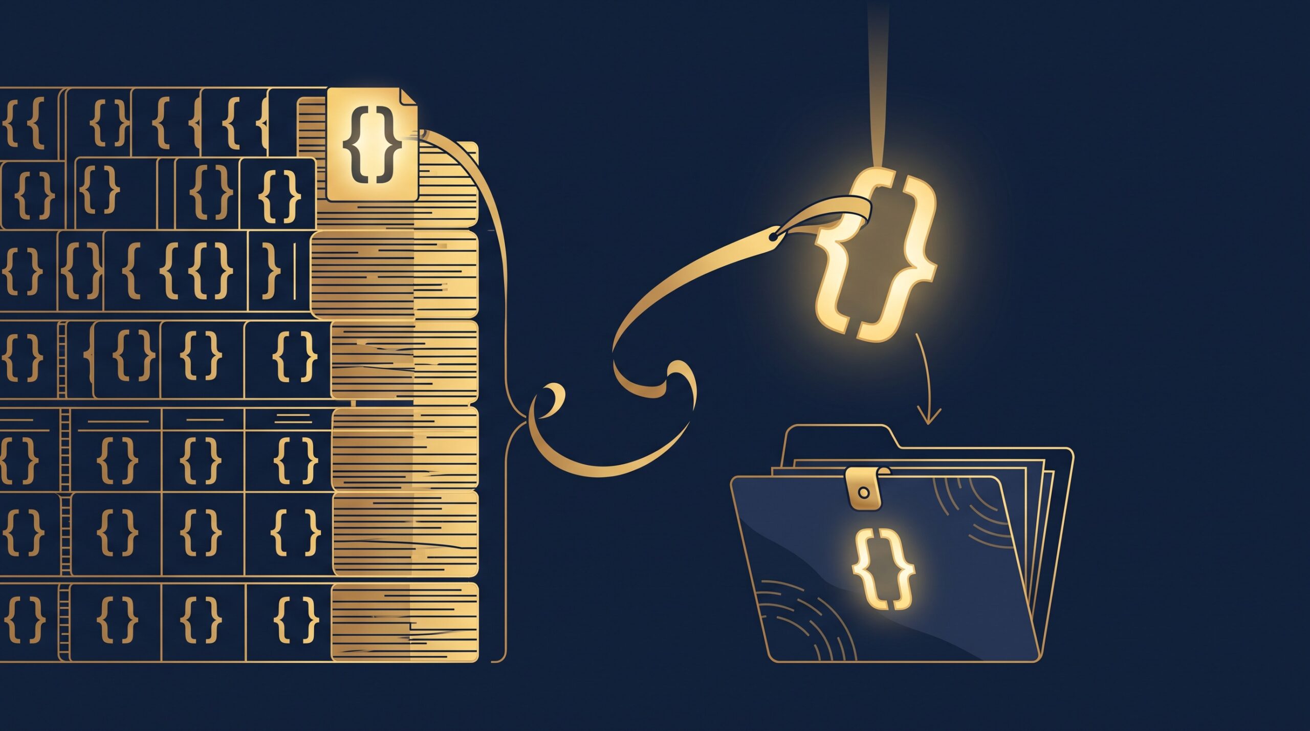 A gold code-bracket lifted from a communal repository into a personal project folder, still tethered by a license tag, on navy, symbolizing borrowed code that carries conditions
