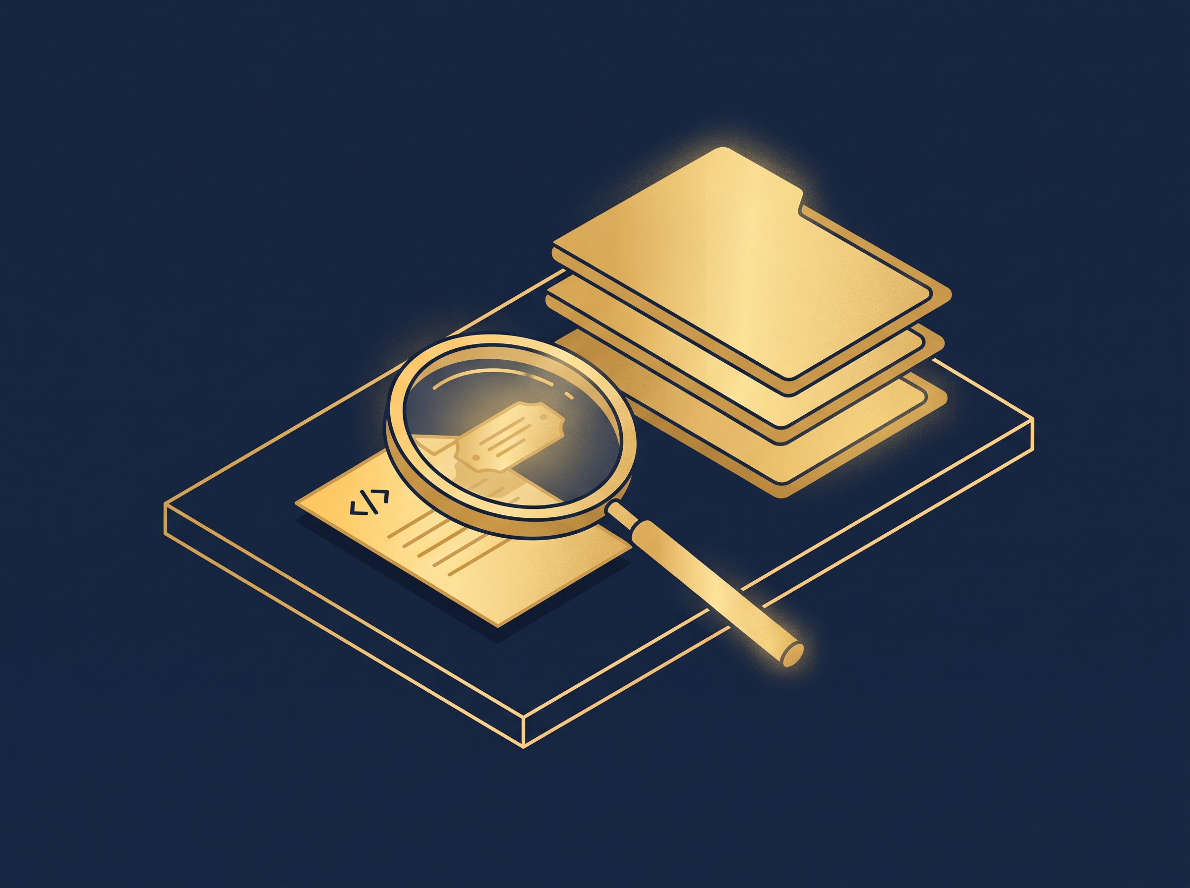 A gold magnifying glass over a code document revealing a hidden license tag, with unchecked folders behind, on navy, symbolizing checking a dependency's license before use