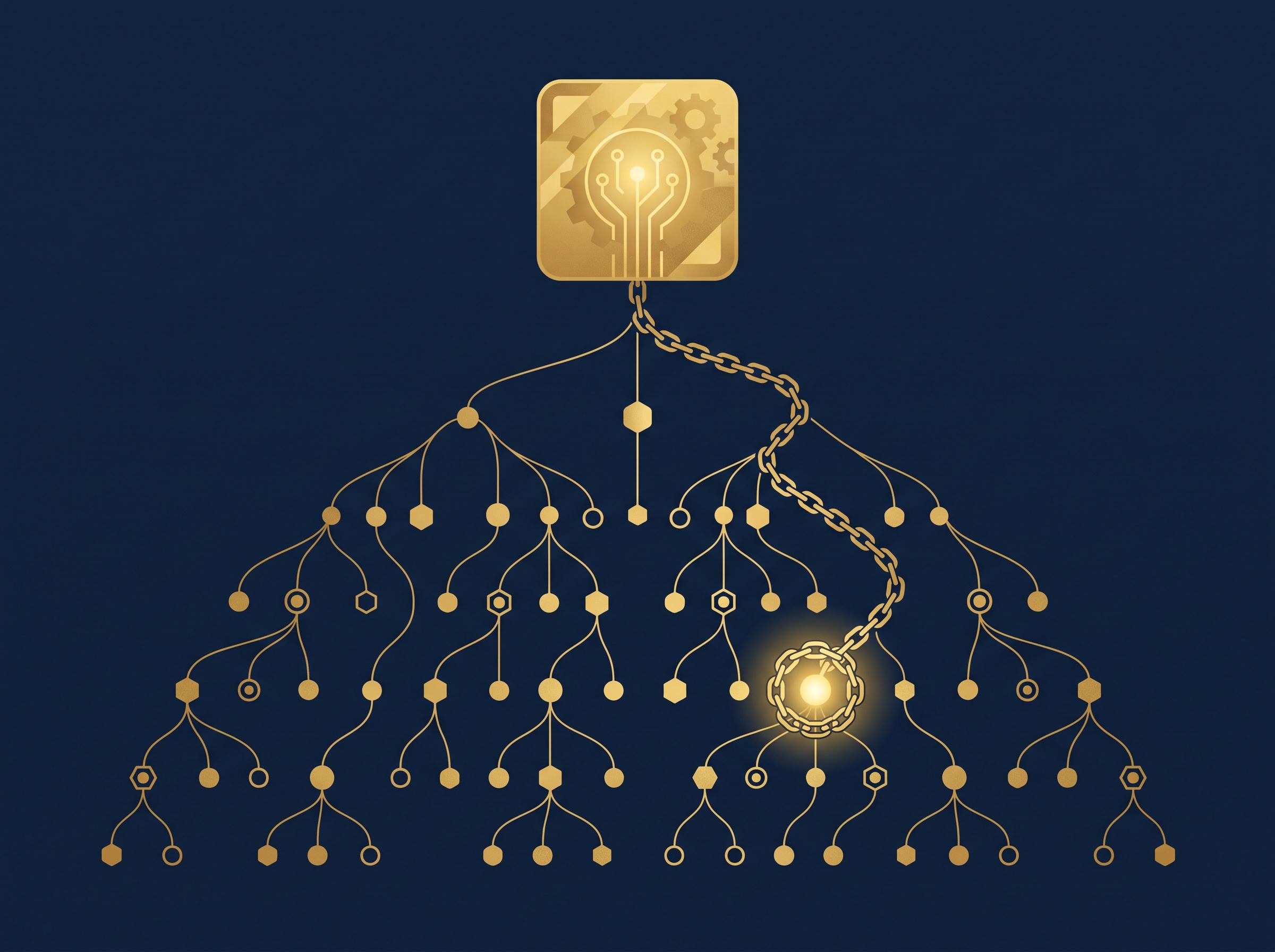 A gold project box branching down through many layers of dependency nodes, one glowing node chained back upward, on navy, symbolizing a buried copyleft dependency deep in the tree