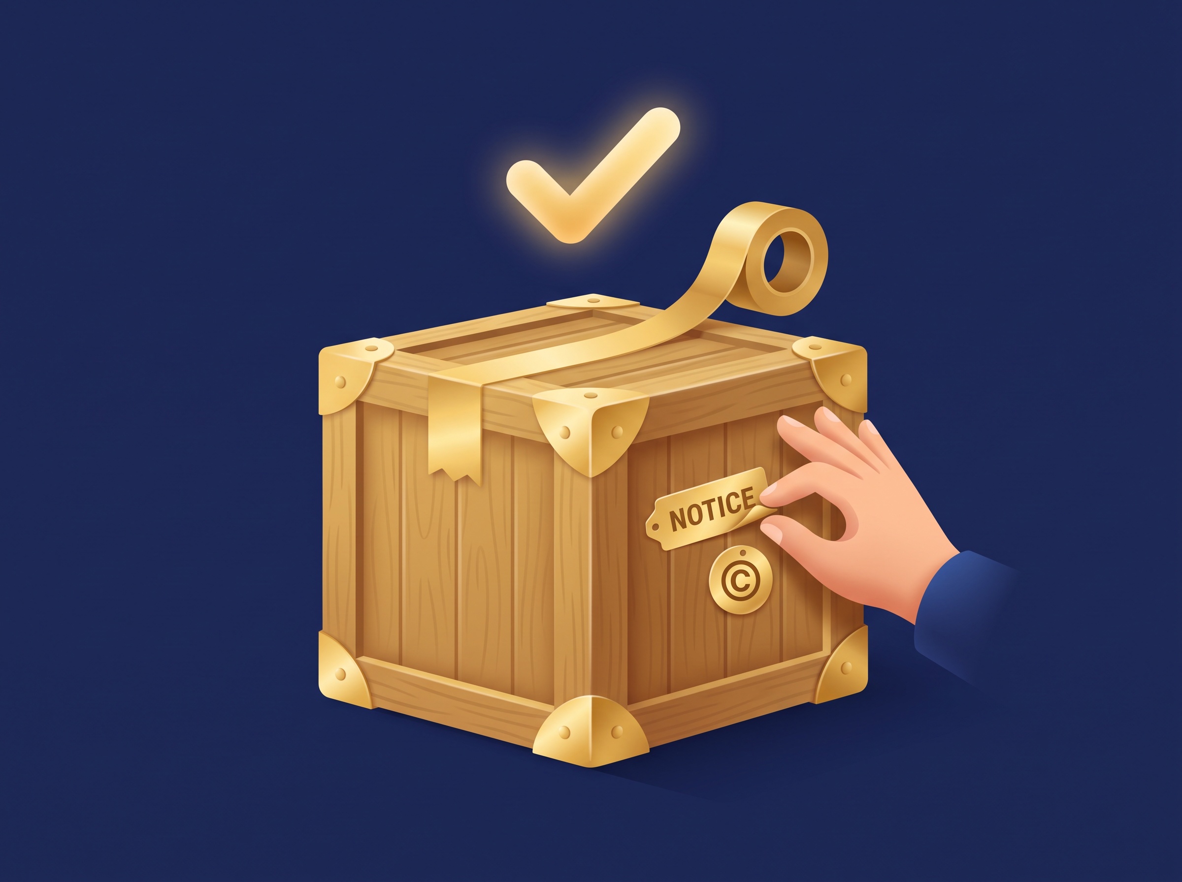A gold shipping crate being sealed with a NOTICE tag and copyright label attached and a checkmark above, on navy, symbolizing shipping a product with required license notices