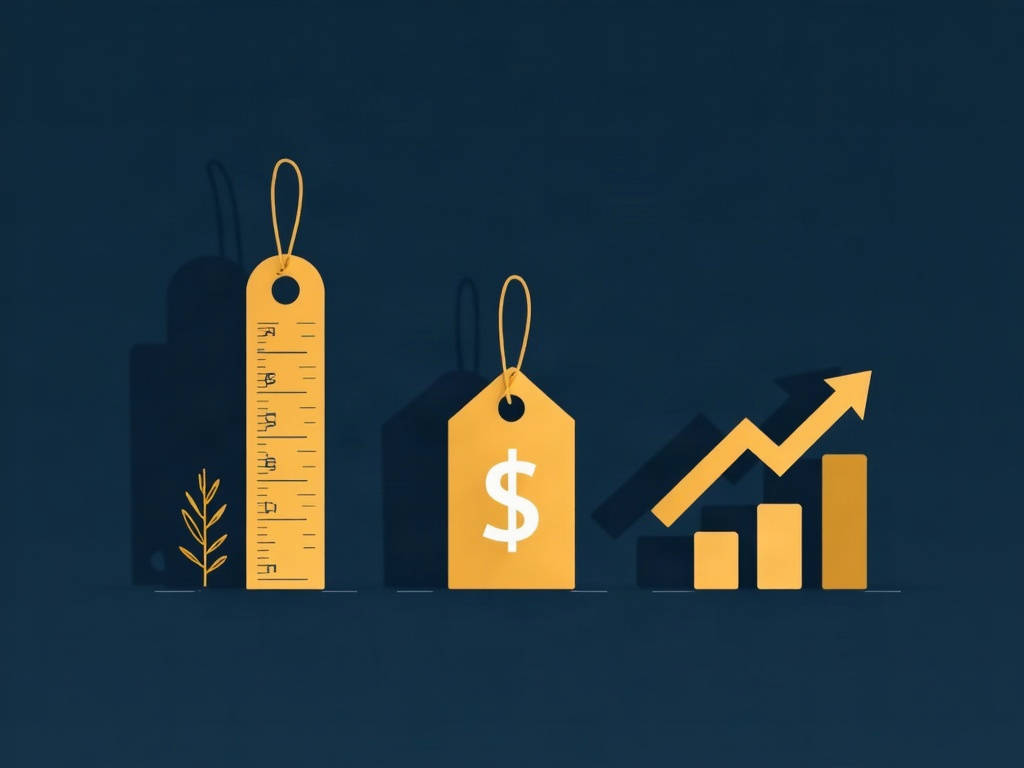 Three gold measuring tools on navy — a ruler, a price tag and a rising chart arrow — symbolizing the cost, market and income approaches to valuing IP