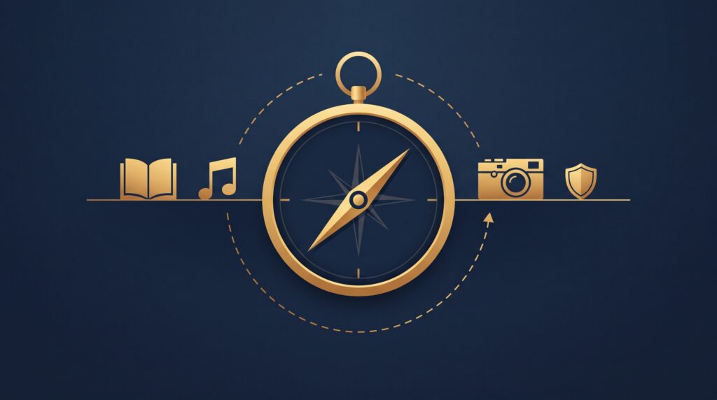 A gold compass pointing toward icons of a book, music note, camera, and shield on a horizon, on navy, symbolizing creators navigating the 2026 IP law outlook