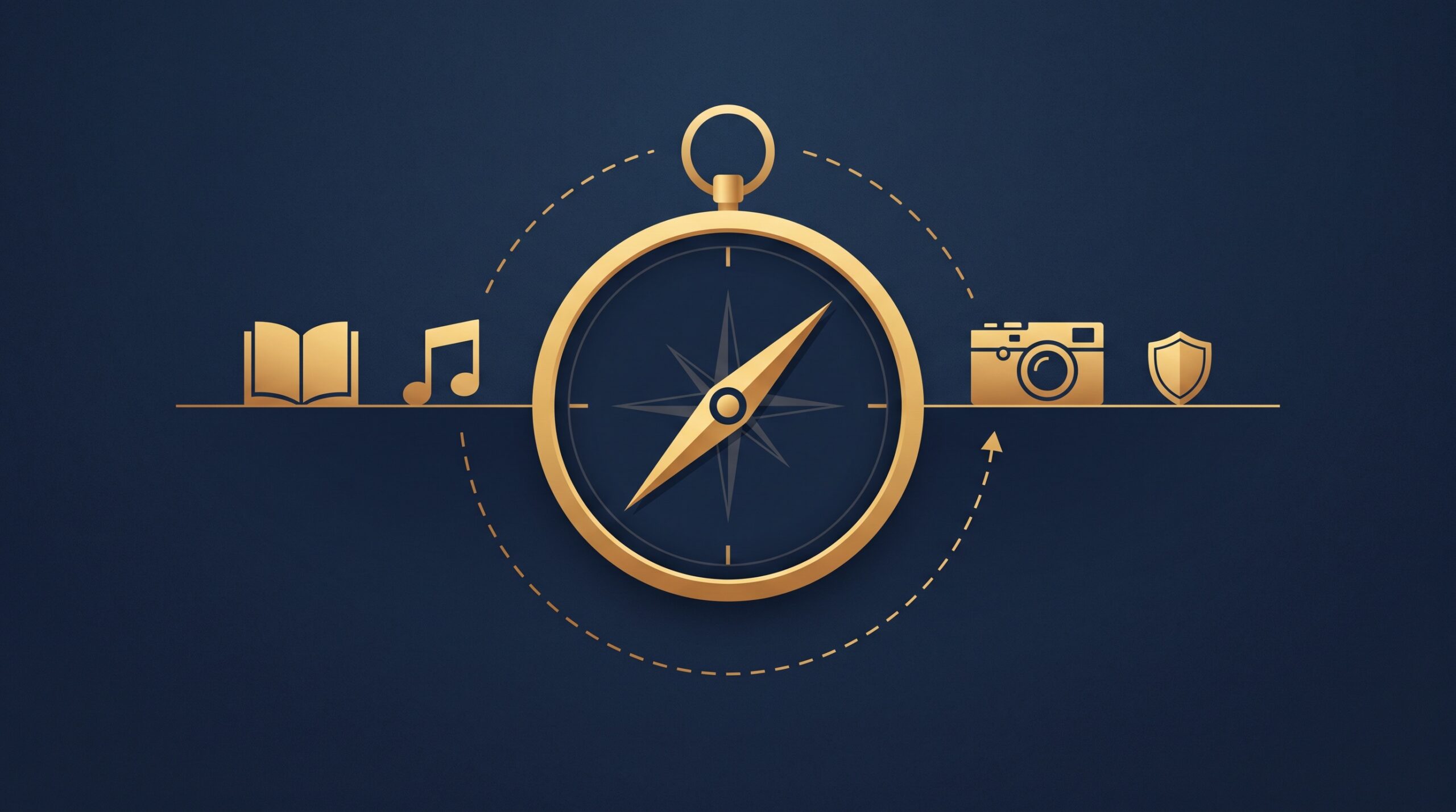 A gold compass pointing toward icons of a book, music note, camera, and shield on a horizon, on navy, symbolizing creators navigating the 2026 IP law outlook