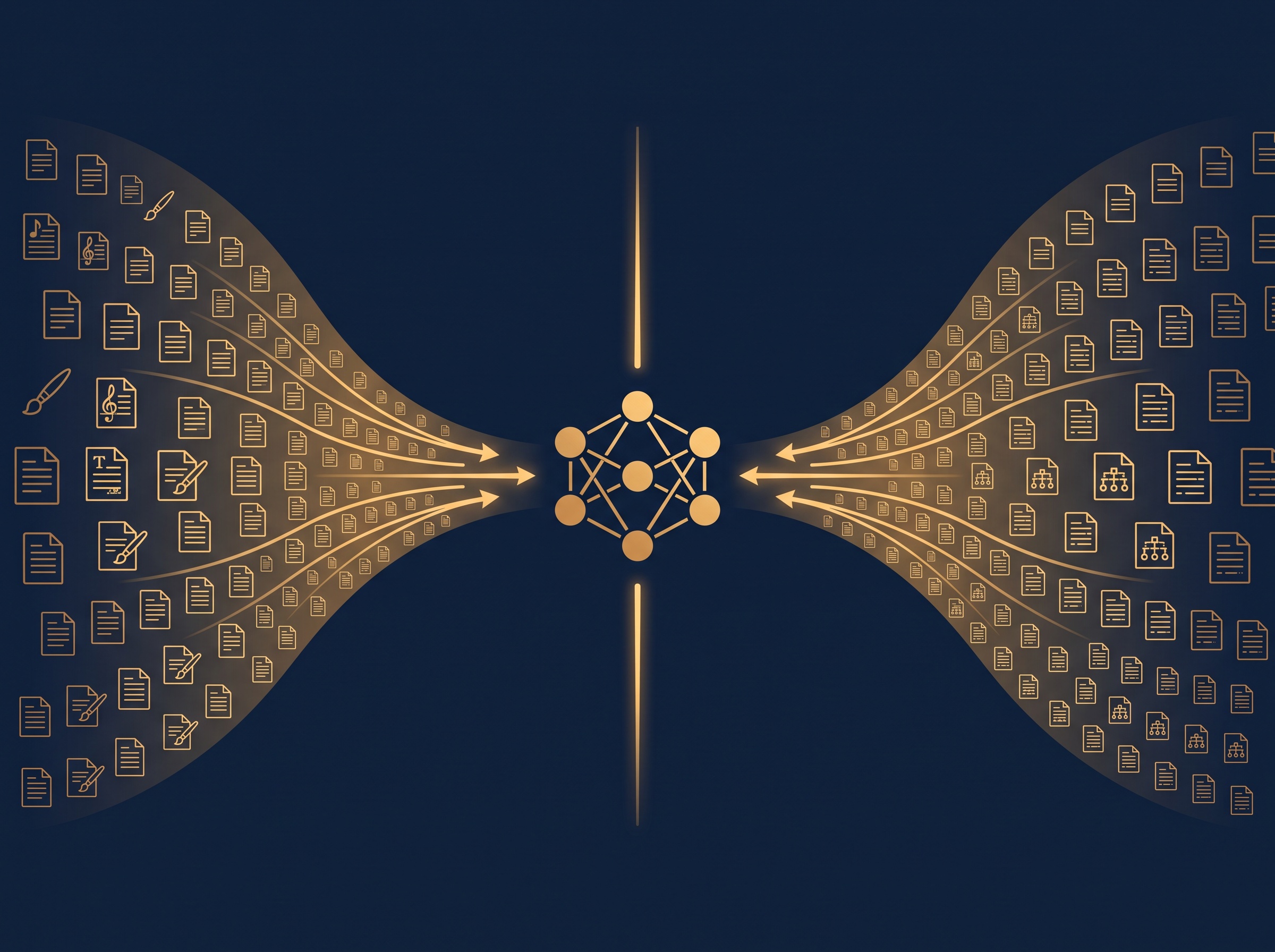 Two gold streams of document icons meeting at a neural-network node across a dividing line, on navy, symbolizing lawsuits over AI training on copyrighted work