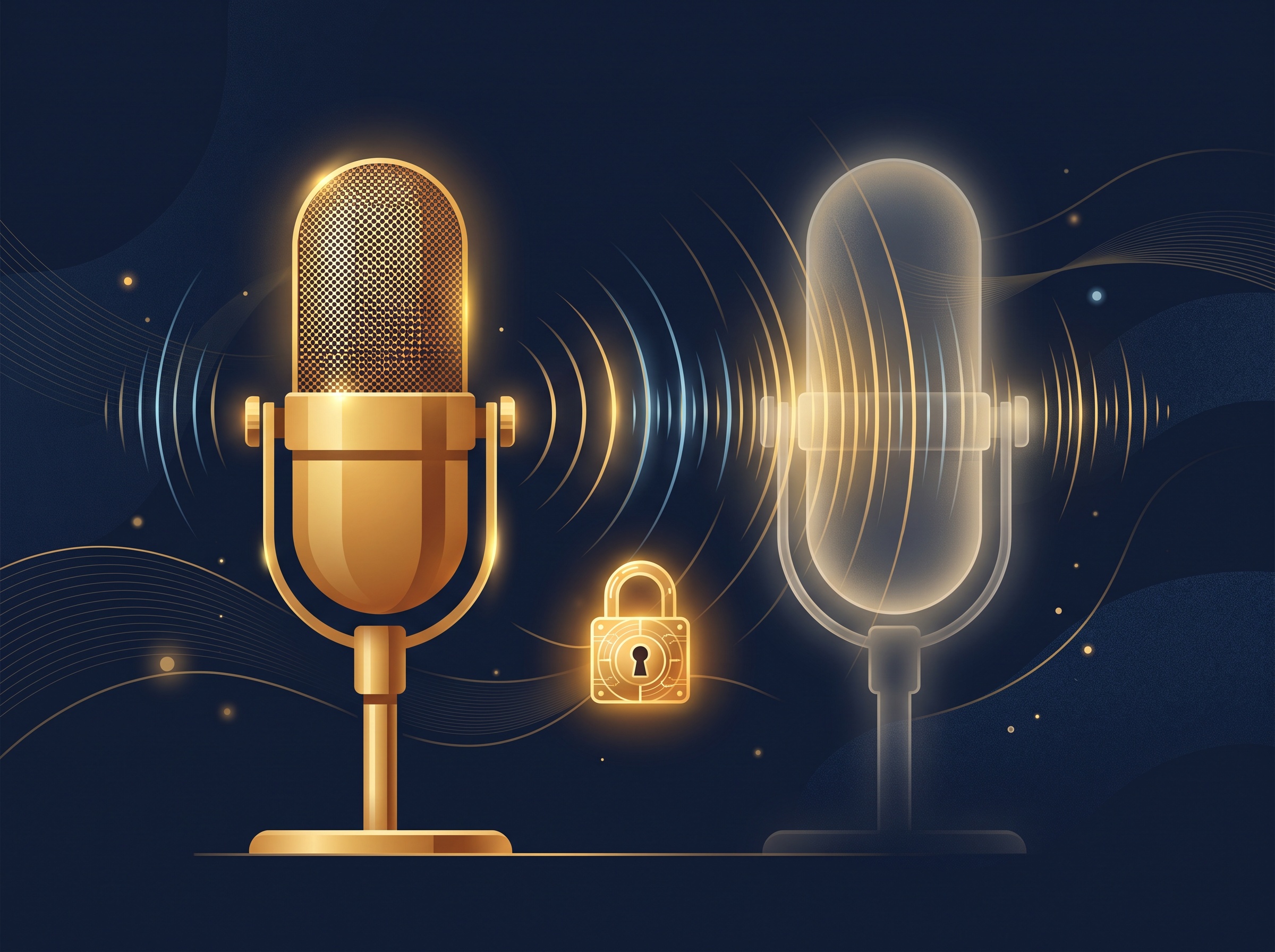 A gold microphone whose sound waves form a duplicate microphone with a padlock between them, on navy, symbolizing laws protecting voice and likeness from cloning