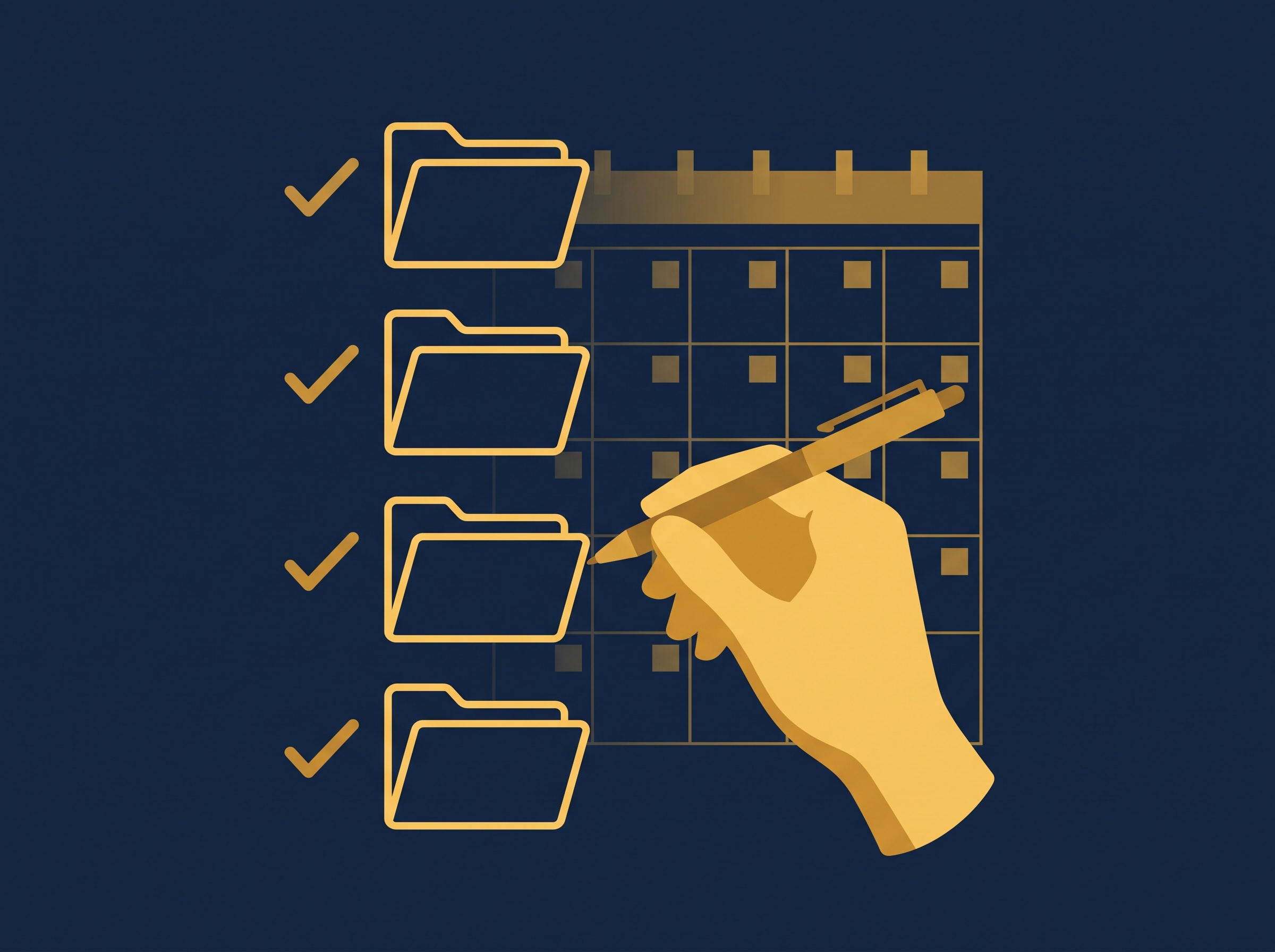 A gold hand ticking off four stacked folder icons against a faint calendar grid, on navy, symbolizing a creator's checklist for staying current on IP law
