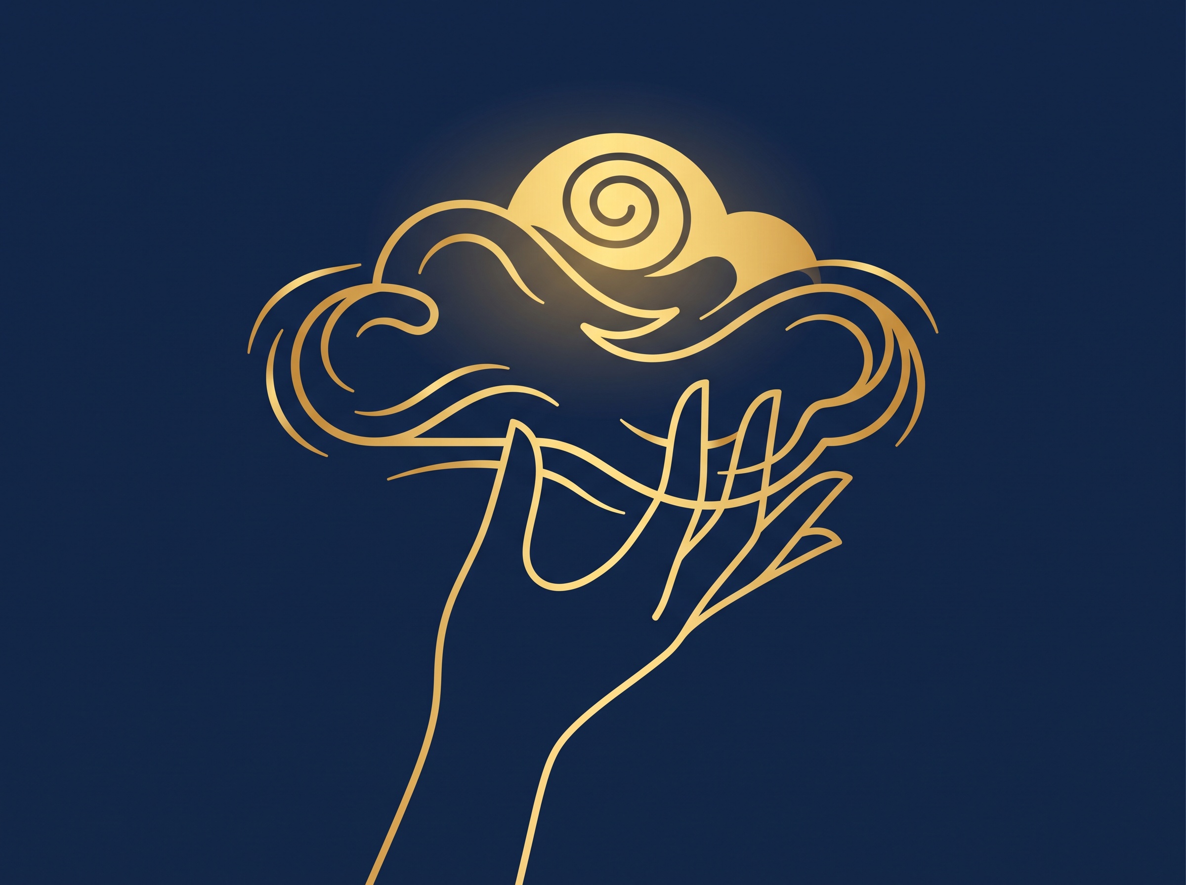 A gold hand trying to grasp a floating abstract cloud on navy, symbolizing an abstract idea that cannot be patented