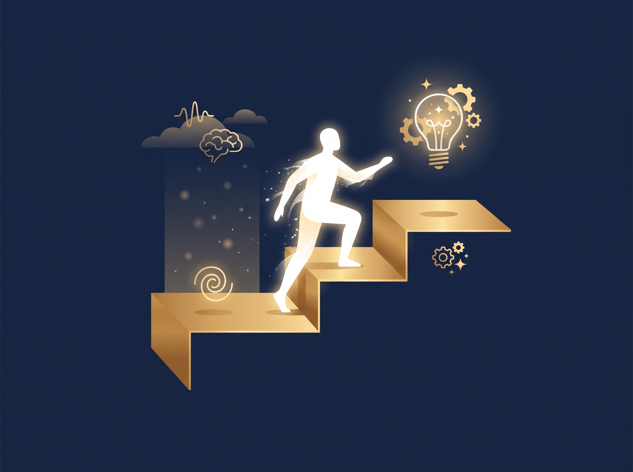 A two-step gold staircase from an abstract spiral to a gear symbol on navy, symbolizing the two-step patent-eligibility test