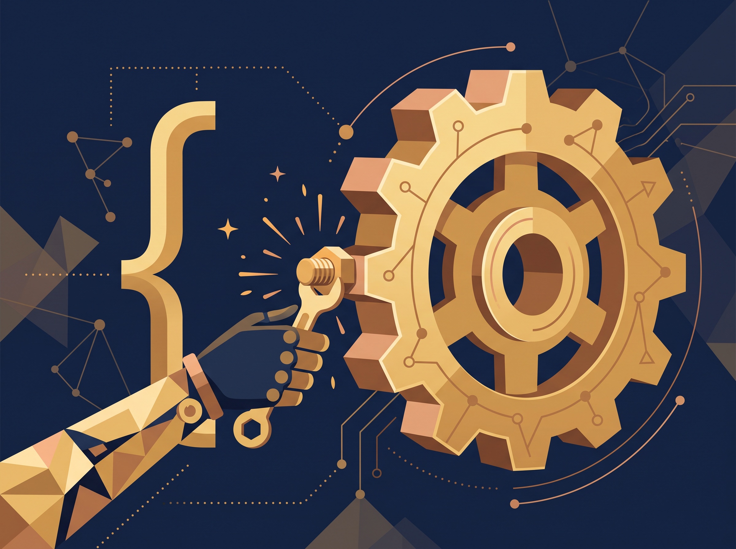 A gold code bracket bolted onto a solid gear on navy, symbolizing an algorithm anchored to a concrete technical improvement