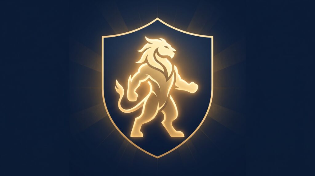 A glowing gold mascot silhouette inside a protective shield outline on navy, symbolizing an original character being protected by copyright