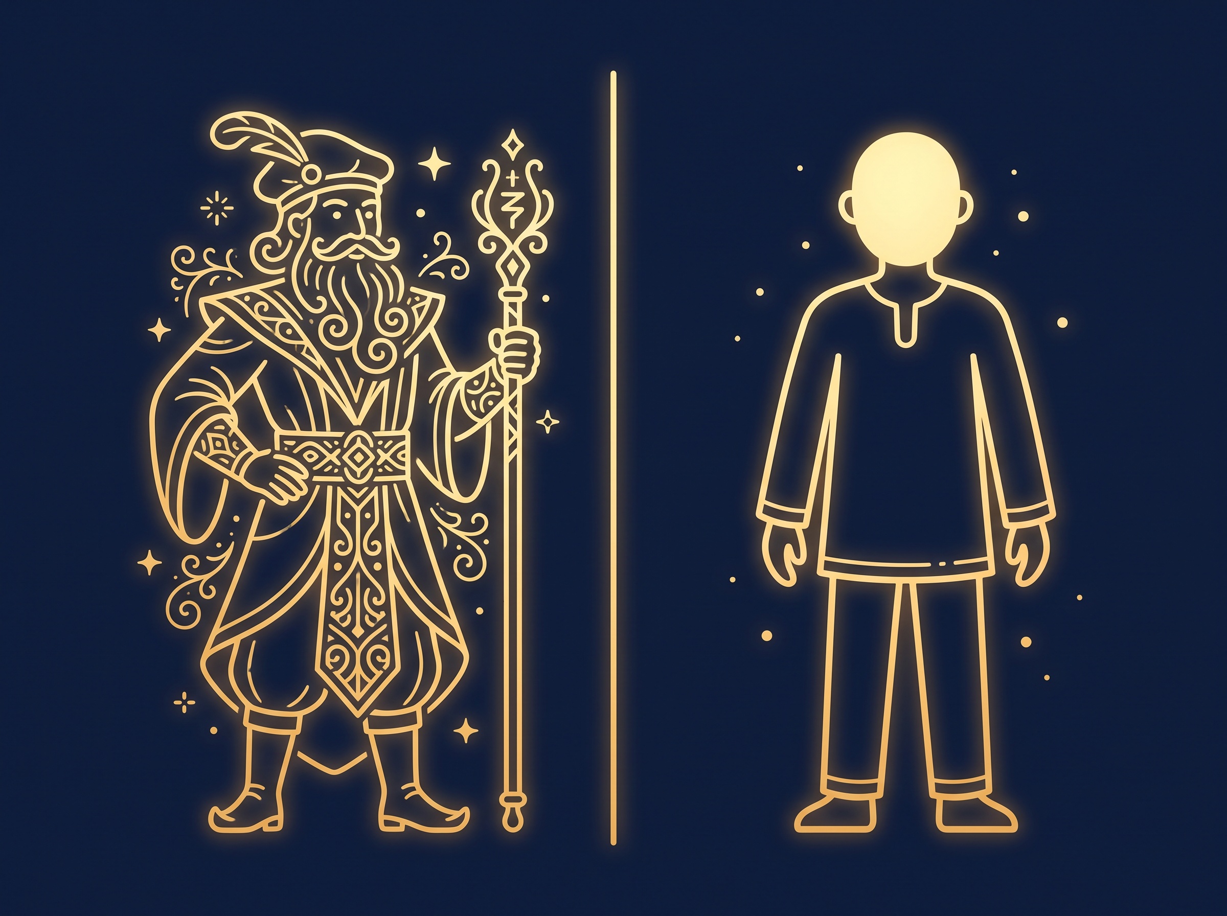 A detailed gold character figure beside a plain generic outline on navy, symbolizing a distinctive protectable character versus a generic stock type