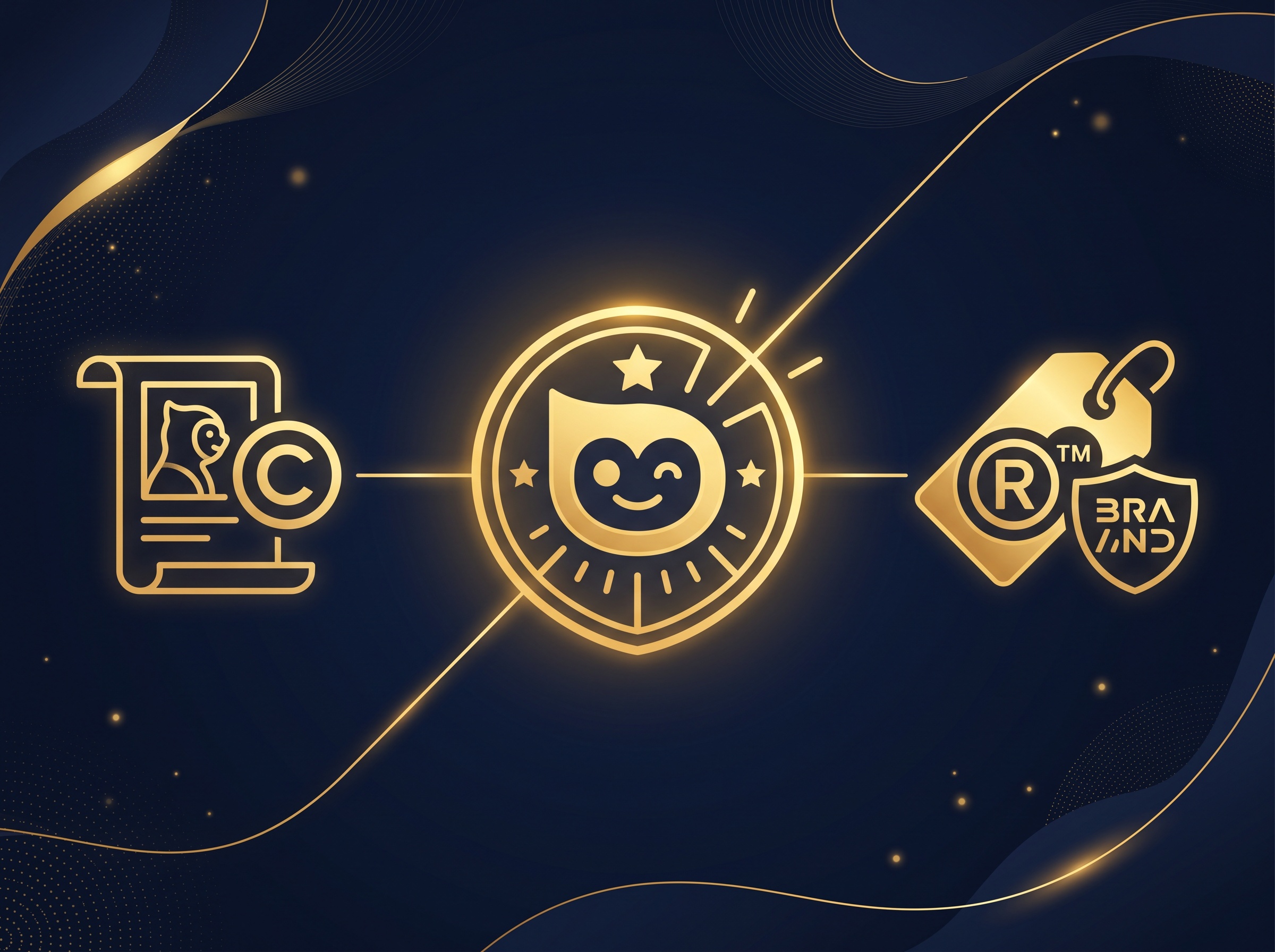 A gold character emblem connected to a document icon and a brand tag icon on navy, symbolizing a character protected by both copyright and trademark
