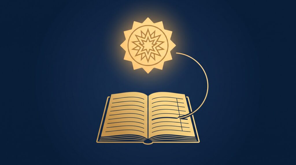 A gold copyright seal connected by a line to a line in an open ledger book, on navy, symbolizing recording IP in the accounting books