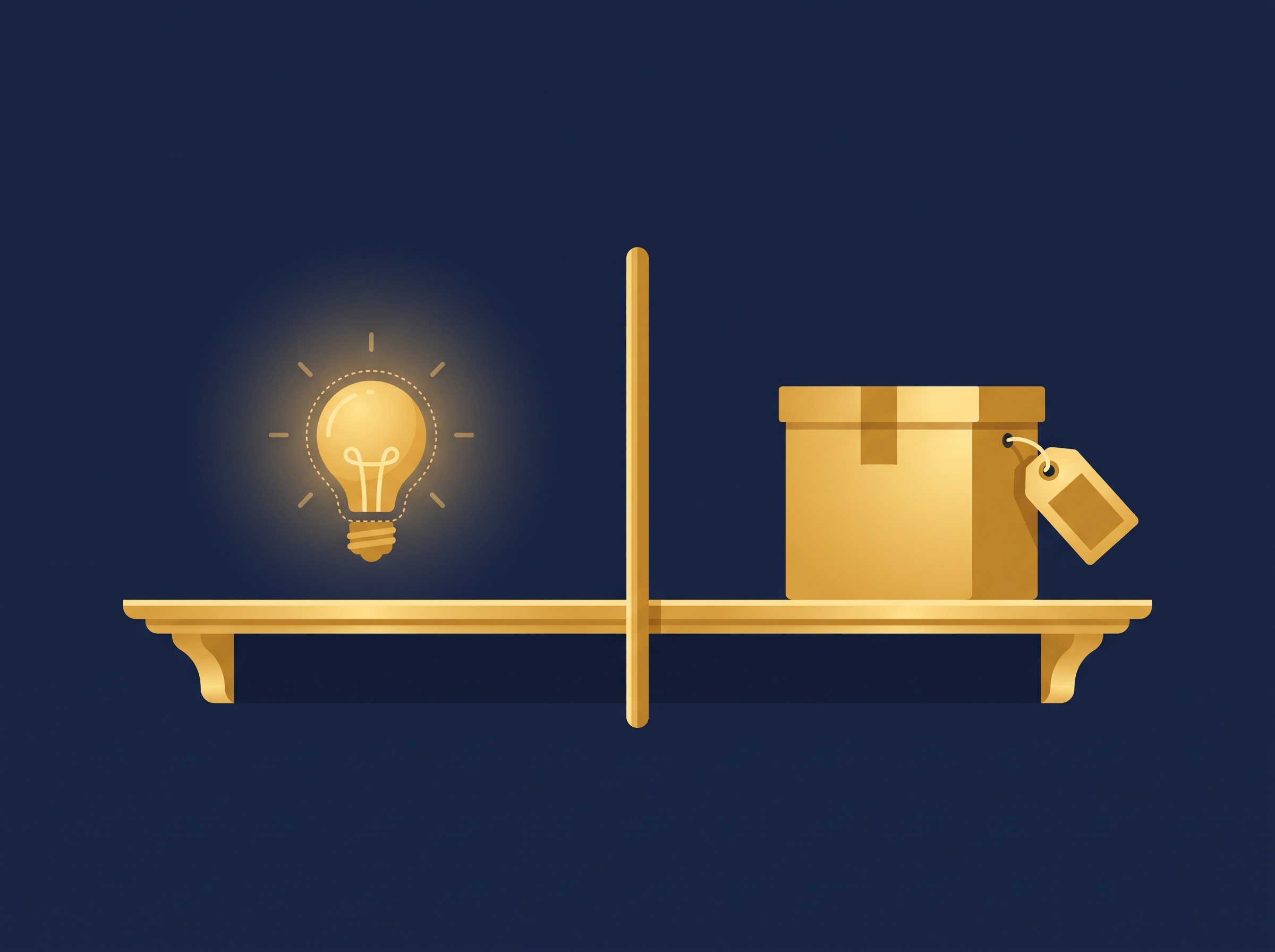 A faint outlined lightbulb on one shelf and a solid price-tagged box on another, on navy, symbolizing self-created versus purchased assets