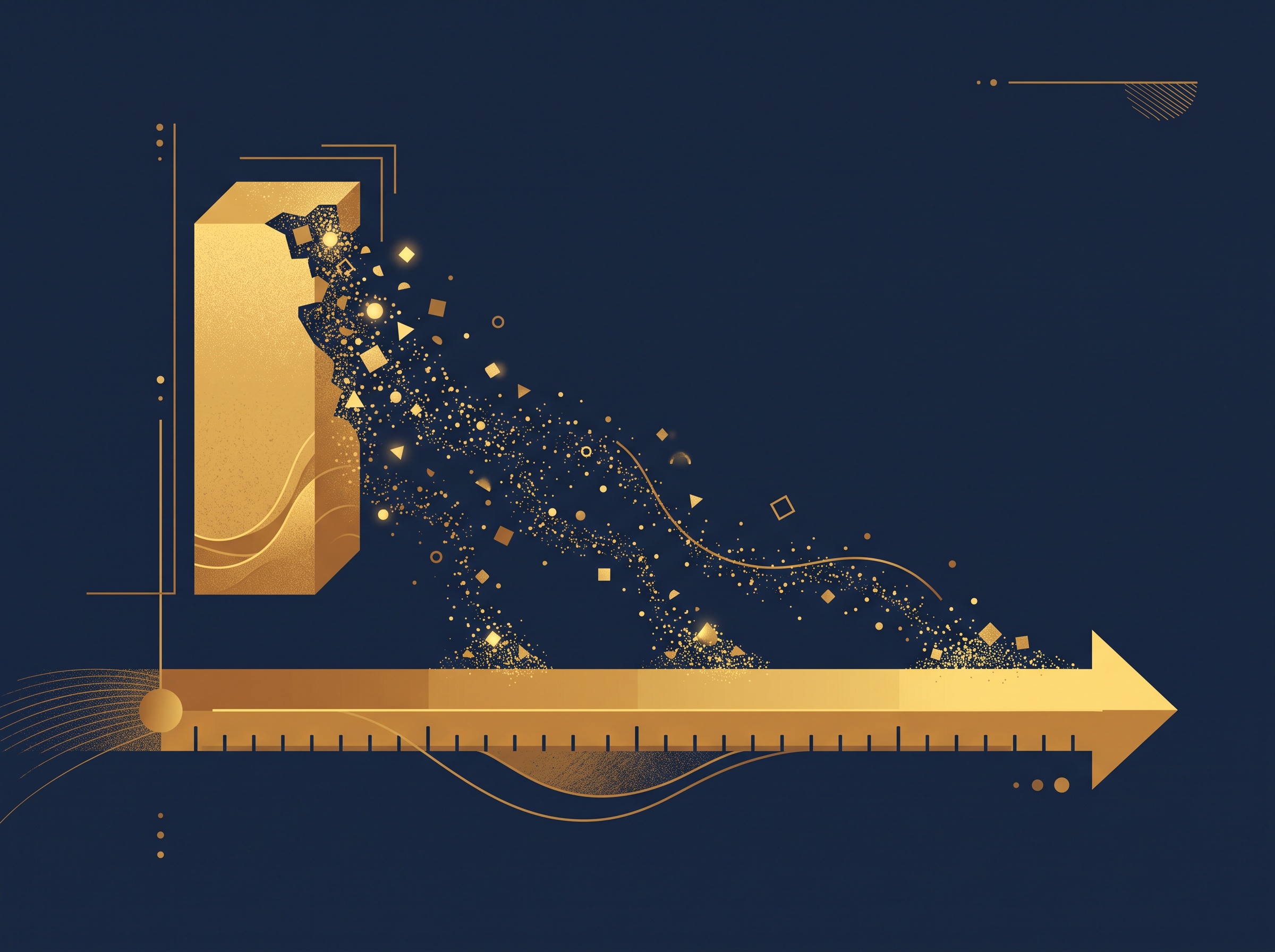 A gold block dissolving into particles along a horizontal timeline, on navy, symbolizing amortizing an intangible asset over years