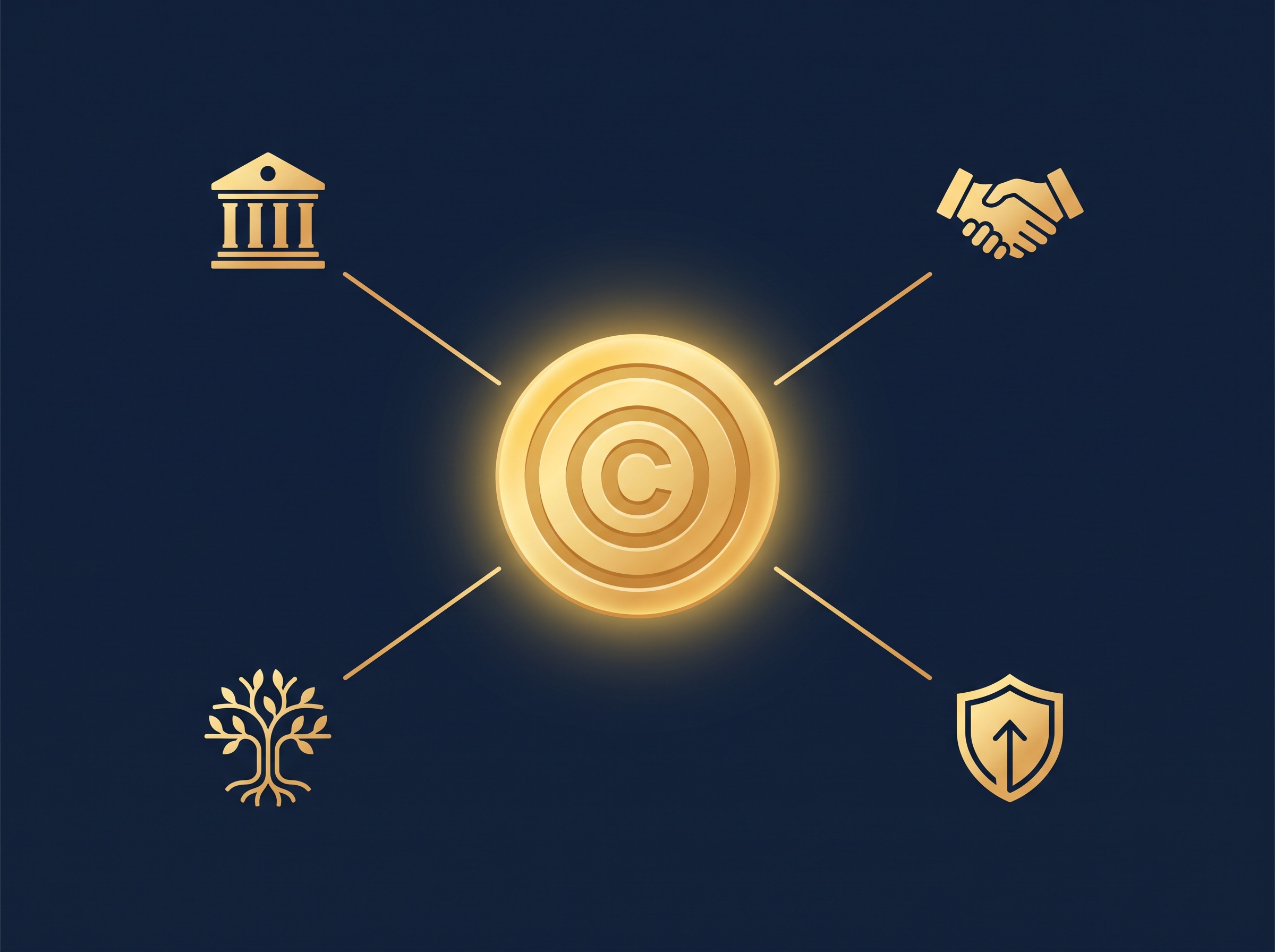 A gold copyright seal linked to a bank, a handshake, a shield, and a family-tree icon, on navy, symbolizing the asset's value to lenders, buyers, insurers, and heirs