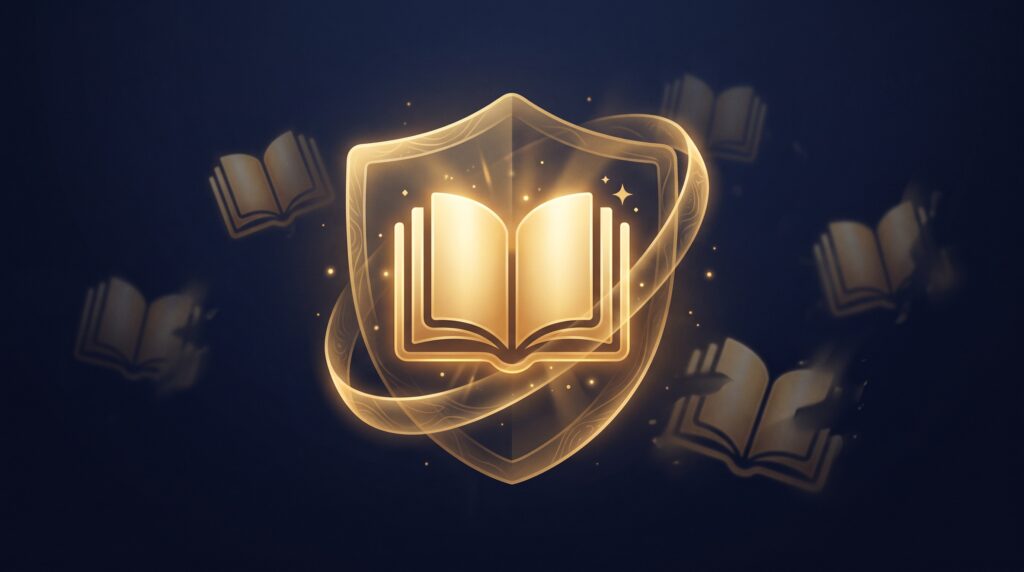 A glowing gold course book wrapped in a protective shield with faint duplicate copies fading in the background, on navy, symbolizing protecting a course from copycats