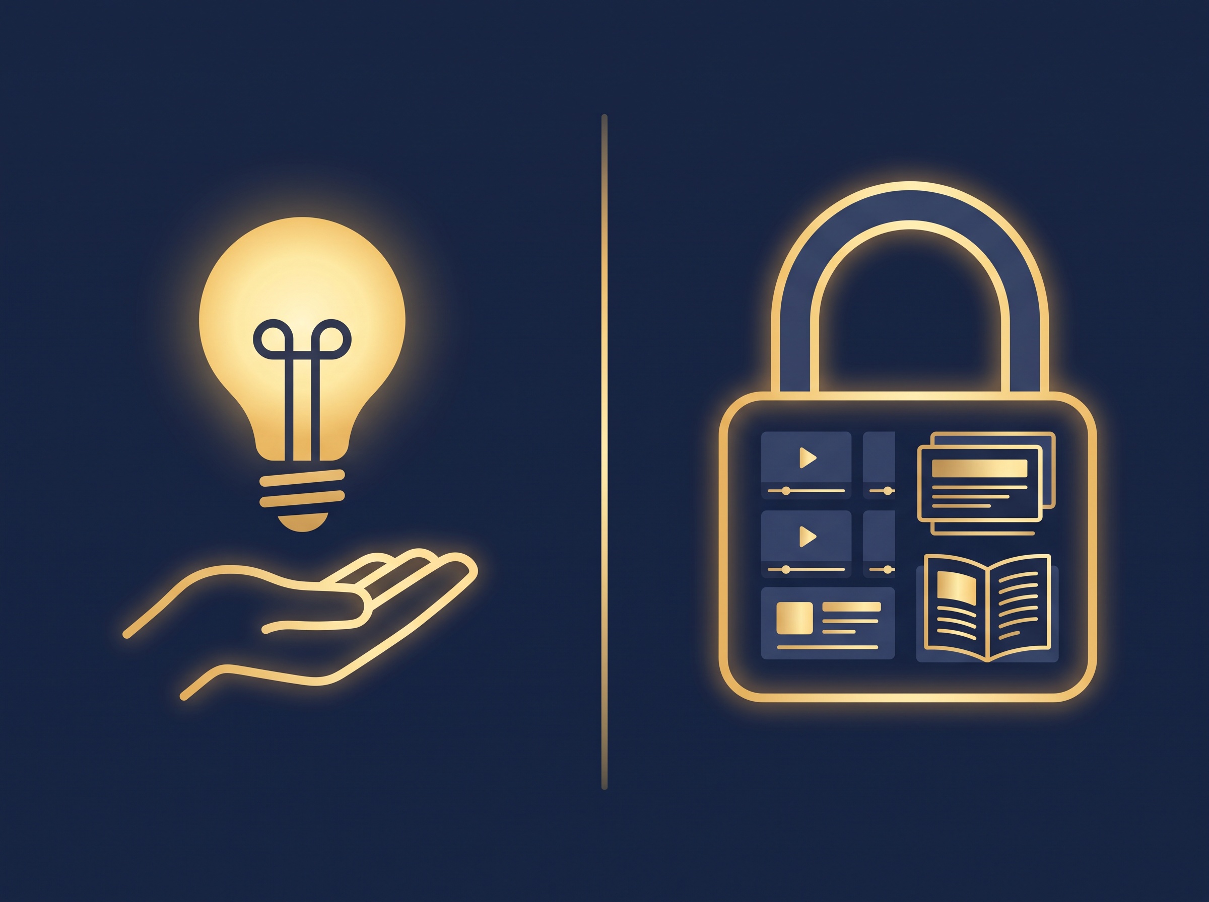 A gold lightbulb on the left and a locked stack of course videos, slides, and a workbook on the right, divided by a line, on navy, symbolizing free ideas versus protected expression