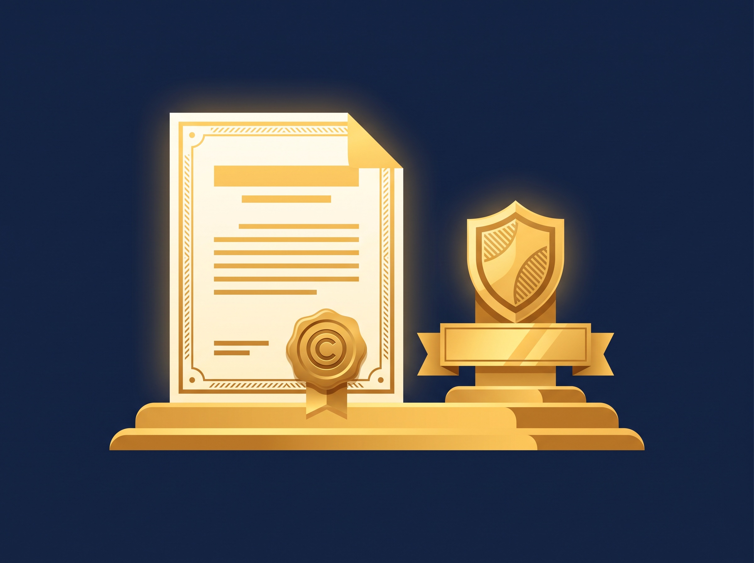A gold copyright certificate with a seal beside a gold trademark badge over a brand nameplate, on navy, symbolizing registering copyright and trademark as a foundation of protection