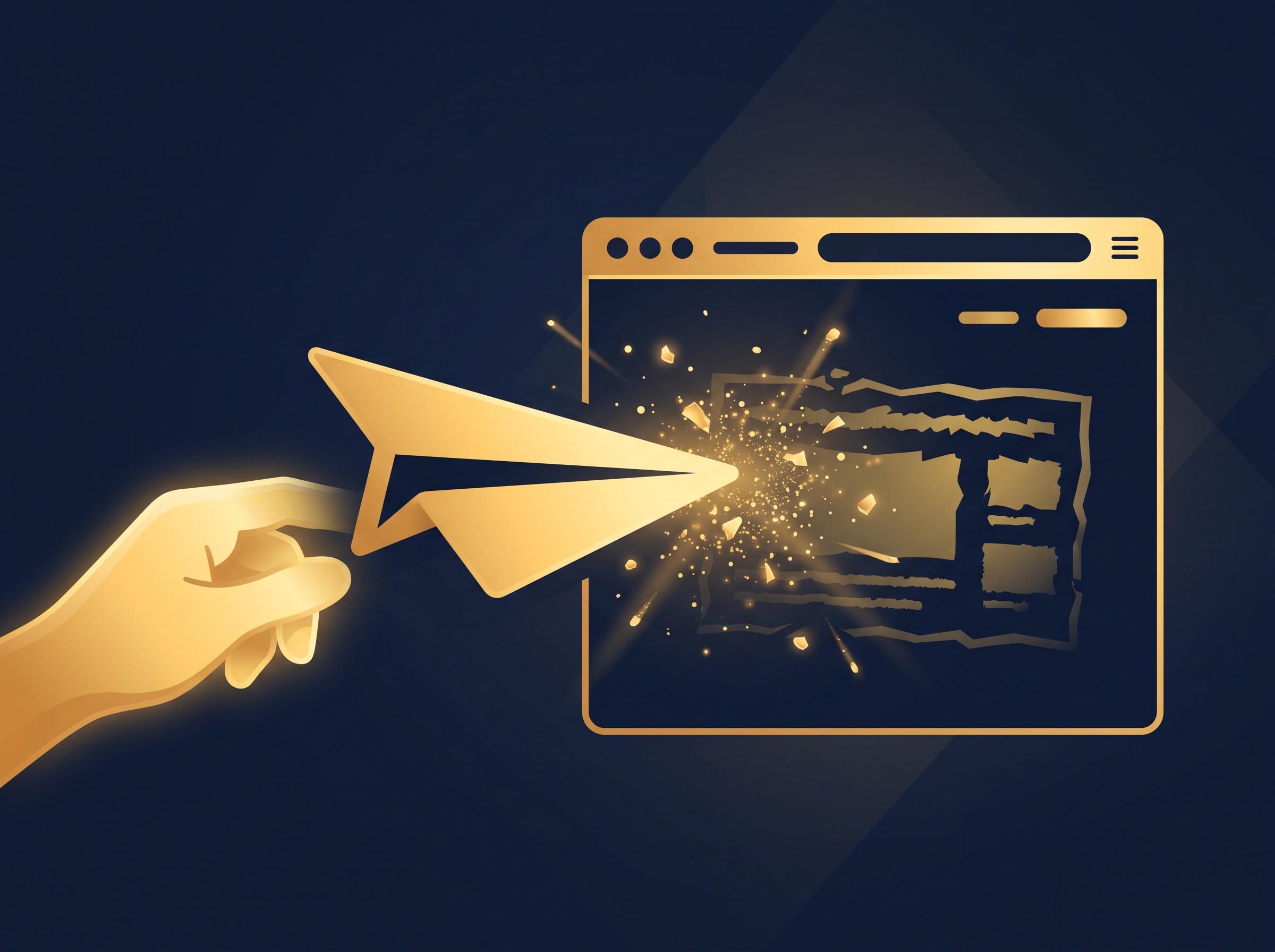 A gold hand sending a notice toward a browser window with a pirated course that dissolves into particles, on navy, symbolizing a DMCA takedown removing stolen content