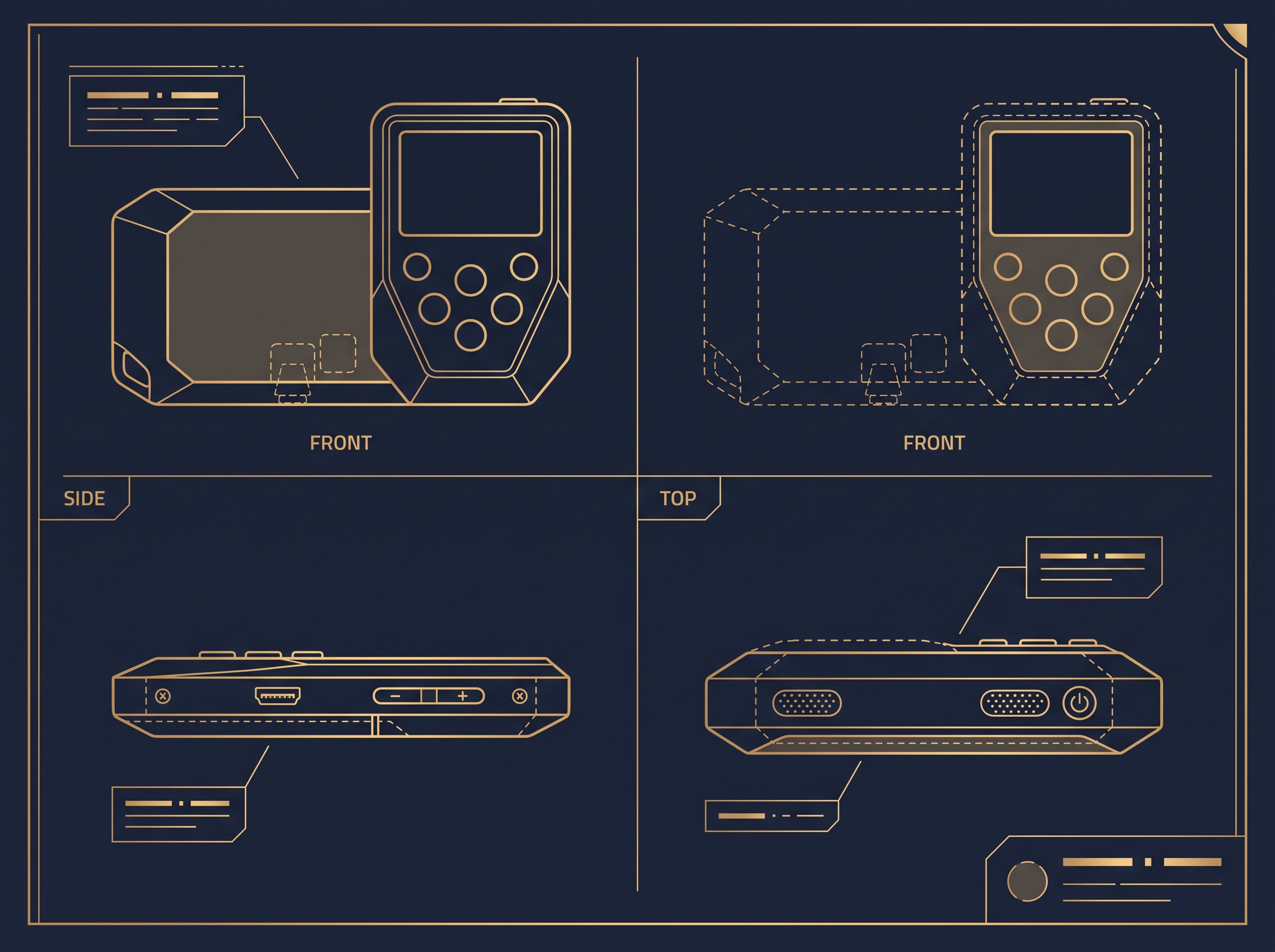A product drawn from several angles in gold with some solid and some dashed lines on navy, symbolizing design patent drawings and claimed versus unclaimed features
